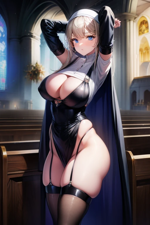 （8K ，Hyper-detailing，Ultra photo realsisim，Best Masterpiece，naturey，Movie special effects，Perfect artwork，Perfect female body），a cute young girl，（large tities），In churches，Sexy nun robes，black suspenders stockings，Large cleavage，，Stretch meat，Raised sexy