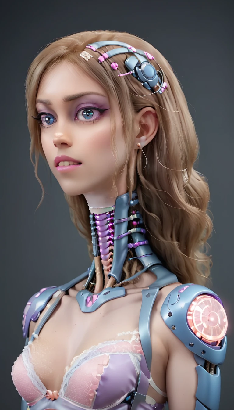 jessicagraham, (Complex Professional 3D rendering:1.3) of (Ultra detailed:1.3) side profile, xray diagram deconstruction of a cyborg brain to machine interface, extended neck, glowing lights, Highly detailed, Depth, Many parts, Lumen render, 8k x-ray style translucent bald head, clear skin, synthetic bone, purple pink and blue Xray style on a grey background covered in geometric patterns,CGSociety,ArtStation