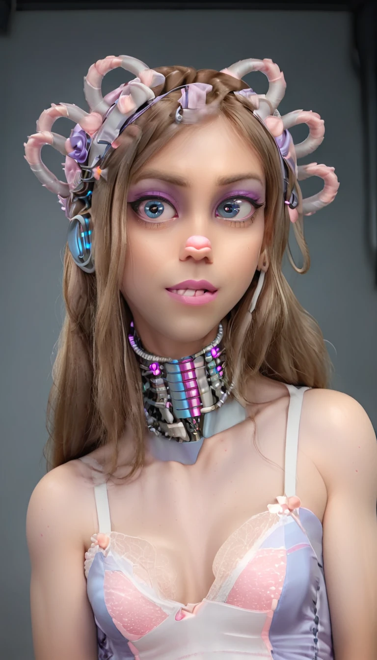 jessicagraham, (Complex Professional 3D rendering:1.3) of (Ultra detailed:1.3) side profile, xray diagram deconstruction of a cyborg brain to machine interface, extended neck, glowing lights, Highly detailed, Depth, Many parts, Lumen render, 8k x-ray style translucent bald head, clear skin, synthetic bone, purple pink and blue Xray style on a grey background covered in geometric patterns,CGSociety,ArtStation