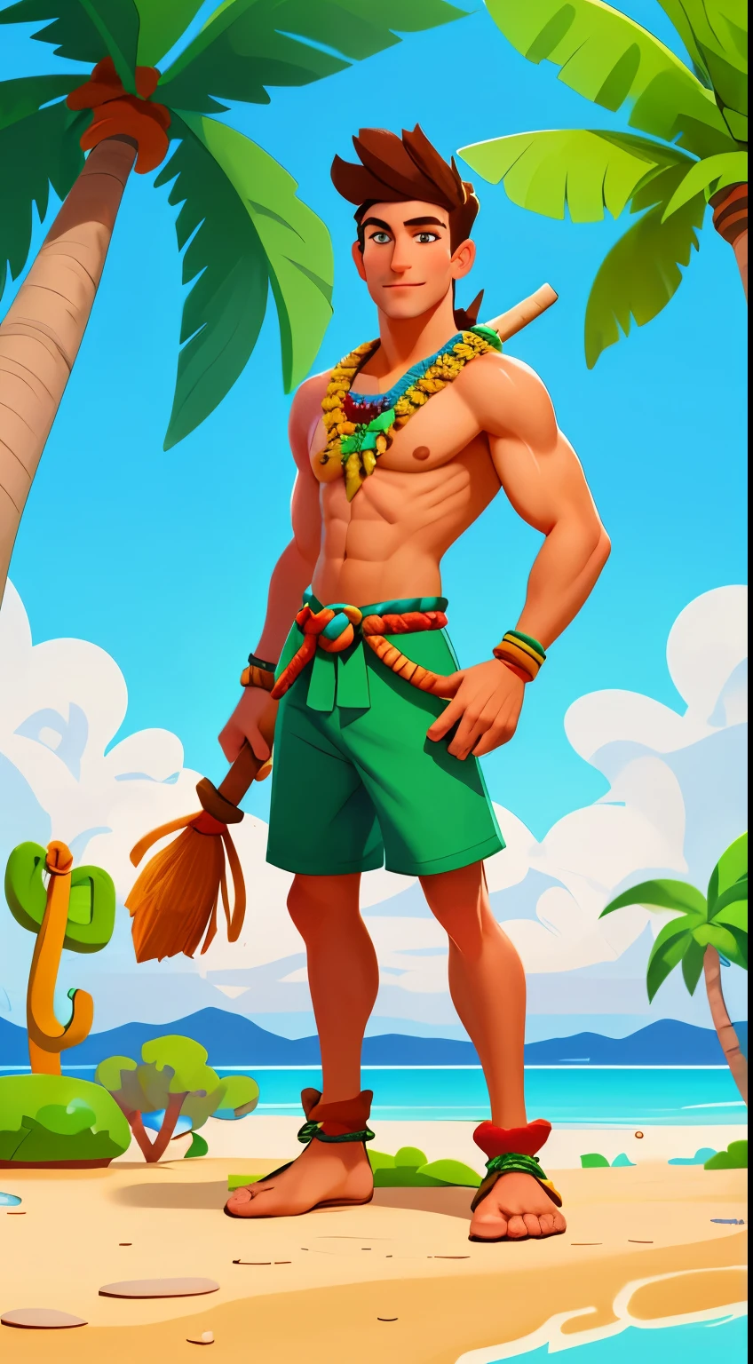 Denver, 1 male，handsome face，Perfect body，Disney art style，face, looking at the audience,naughty，primitive tribe，headgear，totem，hula spear coconut tree,desert island