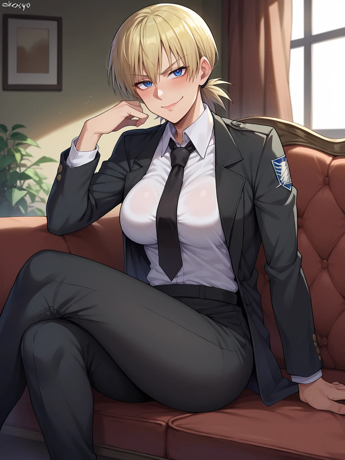 score_9, score_8_up, score_7_up, source_fumo, solo, 1girl, hellsing, formal, suit, black jacket, black necktie, long sleeves, black pants, shexyo, shexyo style, smirk, smug, sitting, couch, closed mouth, boob window, breast window, huge tits