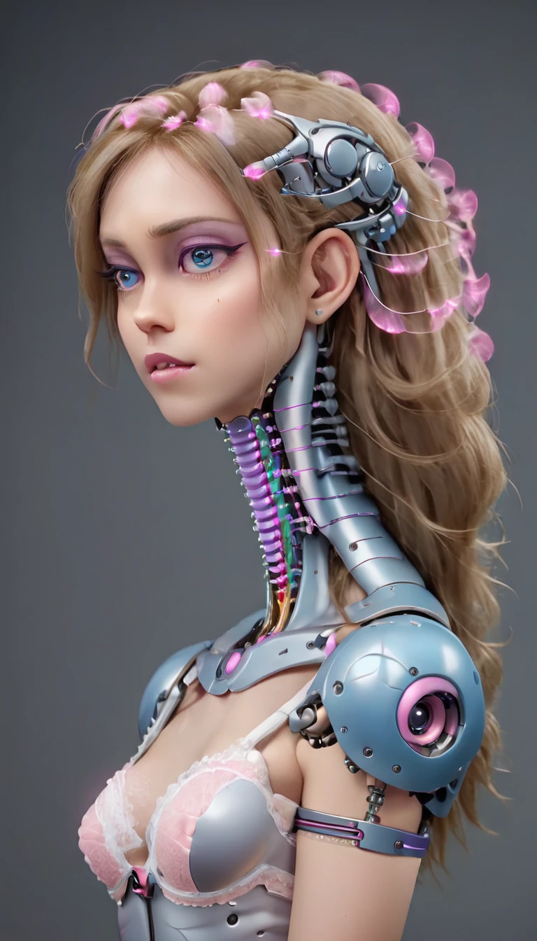 jessicagraham, (Complex Professional 3D rendering:1.3) of (Ultra detailed:1.3) side profile, xray diagram deconstruction of a cyborg brain to machine interface, extended neck, glowing lights, Highly detailed, Depth, Many parts, Lumen render, 8k x-ray style translucent bald head, clear skin, synthetic bone, purple pink and blue Xray style on a grey background covered in geometric patterns,CGSociety,ArtStation