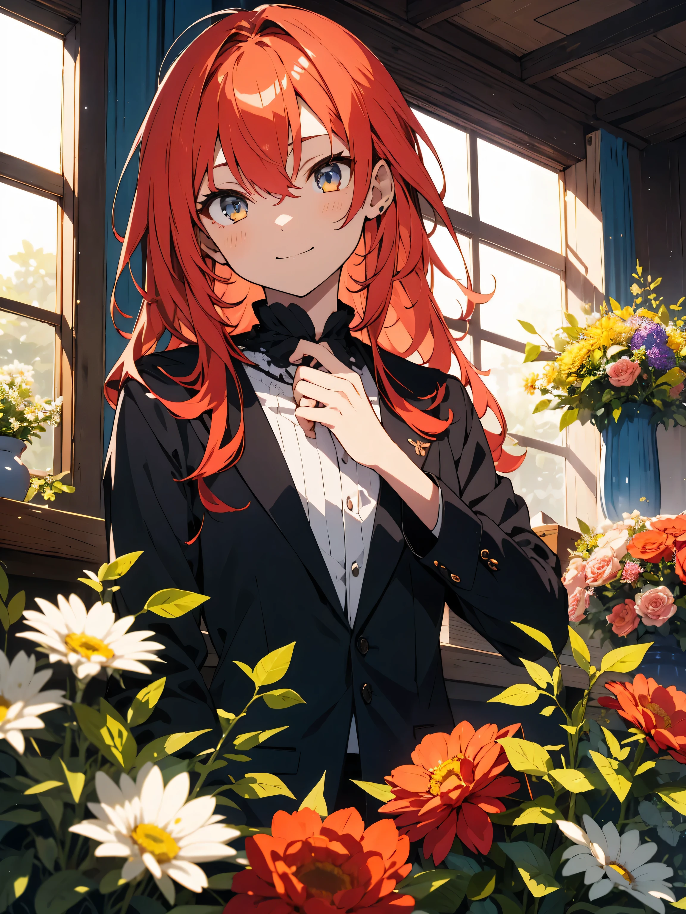 (highest quality、masterpiece、High resolution、be familiar with), 1 girl, (Shining eyes、detailed beautiful face)、(ung man、Handsome guy:1.2)、(bright red orange hair、messy hair 1.3)、Outstanding style、Smart and refreshing clothing、indoor、Vase by the window、Gaze tenderly at the flowers in the vase、smile、Handsome guyと花のテーマ、beautiful anime