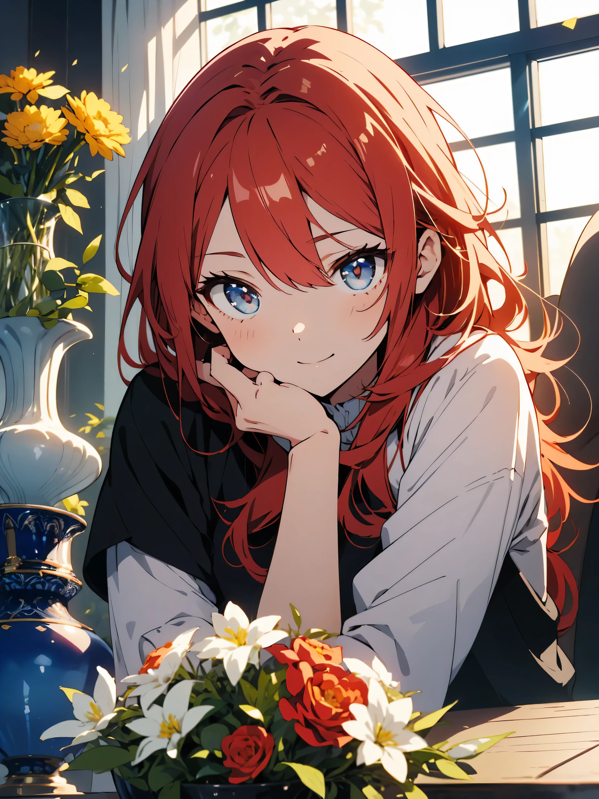 (highest quality、masterpiece、High resolution、be familiar with), 1 girl, (Shining eyes、detailed beautiful face)、(1 young man、Handsome guy:1.2)、(bright red orange hair、messy hair 1.3)、Outstanding style、Smart and refreshing clothing、indoor、Vase by the window、Gaze tenderly at the flowers in the vase、smile、Handsome guyと花のテーマ、beautiful anime