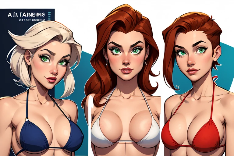 Turnaround sheet Imagem de desenho animado de uma mulher .cartoon style illustration, estilo de arte dos desenhos animados, estilo de arte dos desenhos animados, digital illustration style, design de personagens altamente detalhado, arte digital detalhada fofa, City fan art, Design de personagens de retrato, beautiful digital illustration, retrato de alta qualidade, Arte em quadrinhos, mulher jovem. Green eyes Average and wonderful busty three too many spies Cloe Sam and Alex beach tone Mark in a bikini