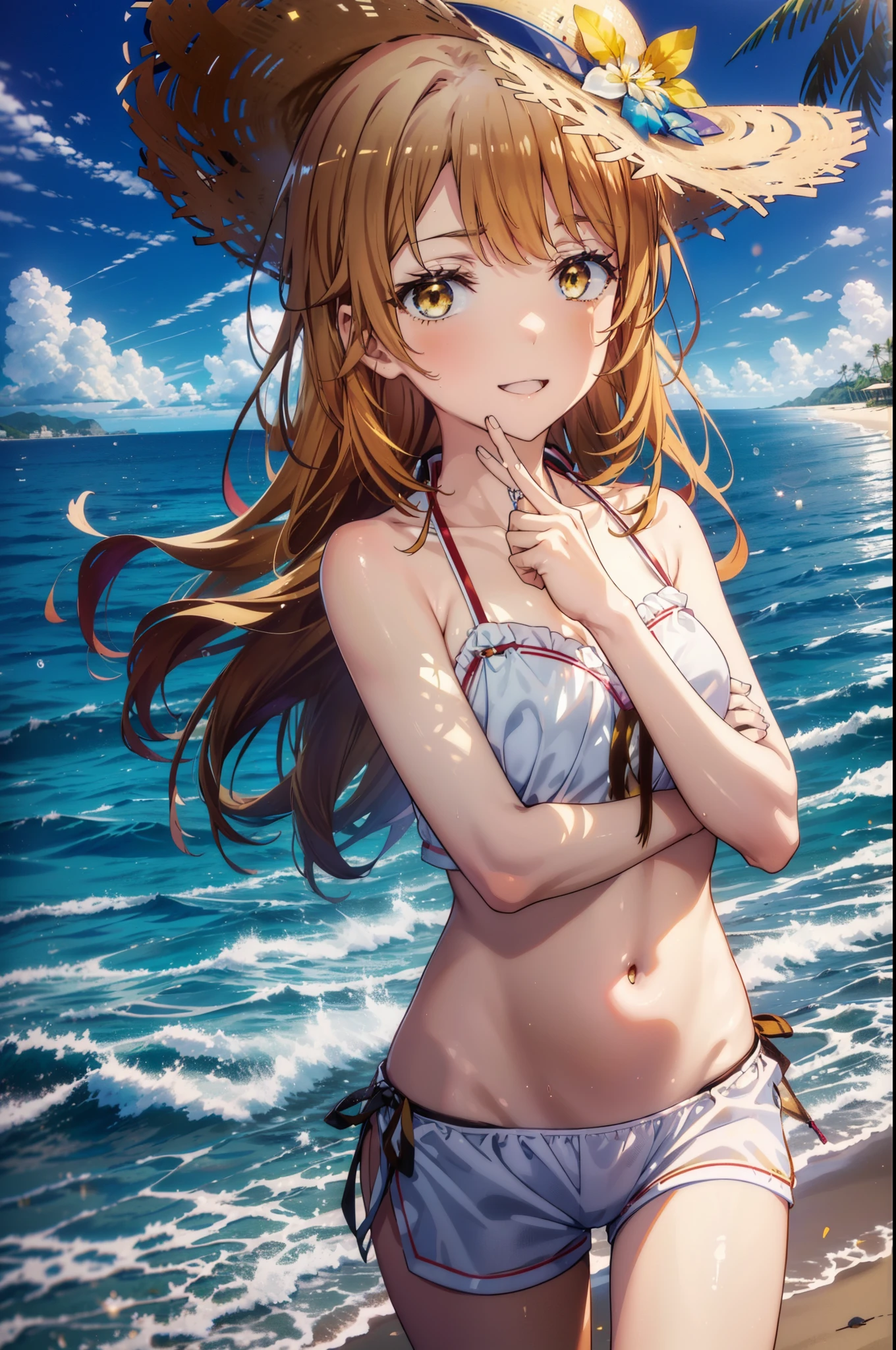 a sun ayuuki, a sun a yuuki, Long Hair, Brown Hair, (Brown eyes:1.8), Medium Chest,Open your mouth,smile,Red Bikini Swimsuit,barefoot,Water Play,Wet Hair,Wet Skin,Wet swimsuit,slouch,Daytime,Clear skies,Palm tree,True Summer,whole bodyがイラスト入るように,
break outdoors,Beach,
break looking at viewer,whole body,
break (masterpiece:1.2), Highest quality, High resolution, unity 8k wallpaper, (shape:0.8), (Fine and beautiful eyes:1.6), Highly detailed face, Perfect lighting, Highly detailed CG, (Perfect hands, Perfect Anatomy),