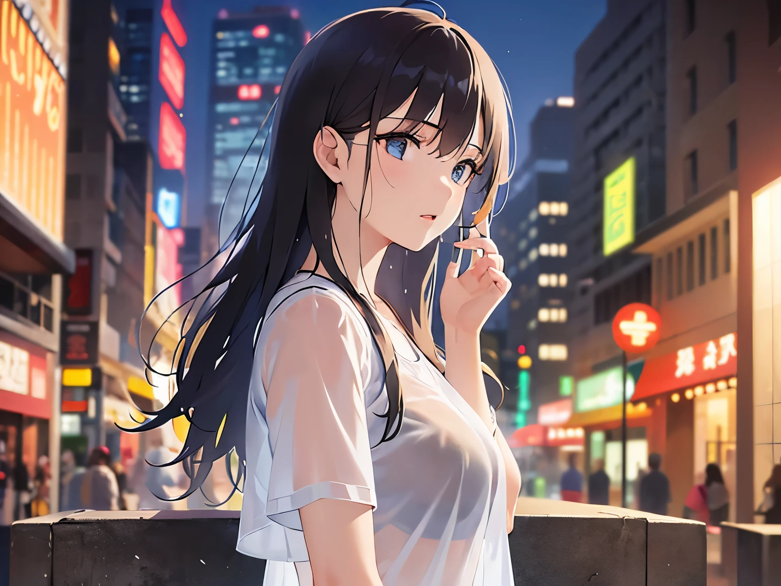 (see-through wet shirt, wet hair:1.2), (looking away:2), side angle, (Resting hand on chin:1.3)、Upper Body, Realistic, real person, (pale skin: 1.2), RAW photo, photorealistic, portrait photography, shiny skin, japanese idol、shiny hair、(25 year old woman with medium hair with bangs) and (wavy hair) and (brown hair) and (orange eyes) , plain white t-shirt 、(sad:1.3), open mouth, The background is a shopping street at night、Alone、Are standing