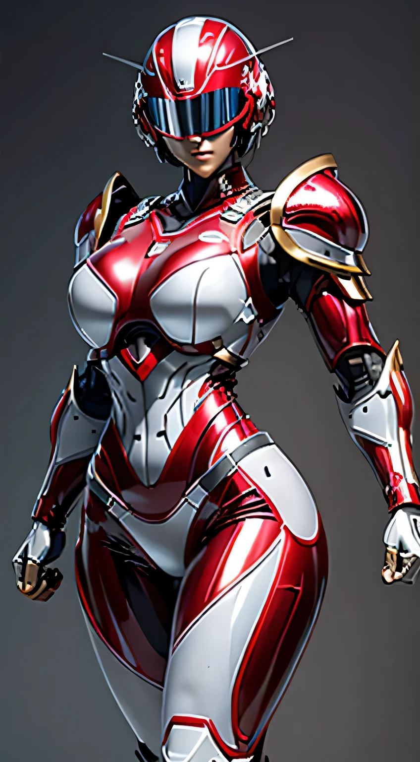 female robocop solo、bright outdoors、strong light source、8K, high quality, masterpiece, 最high quality、very detailed、Armor that completely covers the whole body、very large armor、Helmet covering the head、clear pictures、Eyes hidden by thin straight goggles:1.3、The lower half of the face is raw:1.5、The lower half of the face is exposed、luscious lips、Clear red and white metallic armor、Armor that completely covers the chest、thin and long legs、Vibrant posel body view,big and full breasts:1.5, (sports body:1.5)、five fingers、photos around town