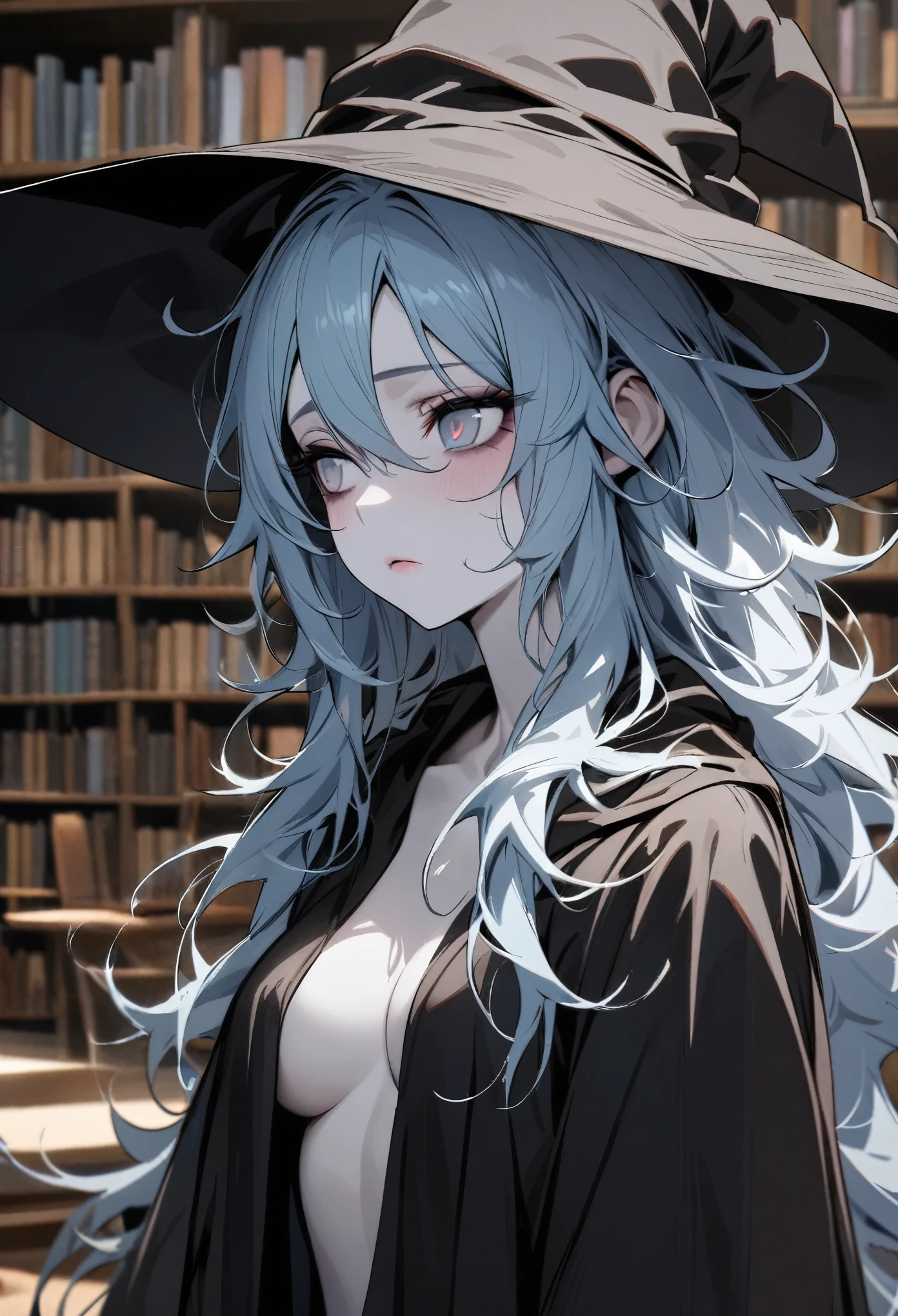 masterpiece, pale skin, pink dry lips, light eyes, eyeshadow, tired looking, tired eyes, medium breasts, light blue hair, messy hair, unkept hair, long hair, dense hair, mane hair, library scenery, dark robes, witch hat, emotionless face