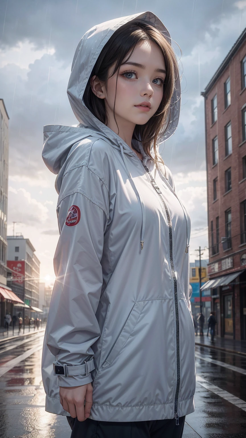 ((最high quality, 8K, masterpiece: 1.3, Ultra HD, high quality, 最high quality, High resolution, realism)) 、(high color saturation:1.0), (highly detailed skin), (最high quality:1.0), (超High resolution:1.0) ,(realistic:1.0), (Super detailed:1.0), (8K, Raw photo:1.1), slender、Slender, muscular body that's toned like an athlete's、white woman、blue eyes、blonde、Wear a raincoat、put on a hood、City with poor visibility due to rain、I'm in the middle of the road、Sunlight shines through gaps in the thick rain clouds、there's a rainbow in the sky、Low angle view