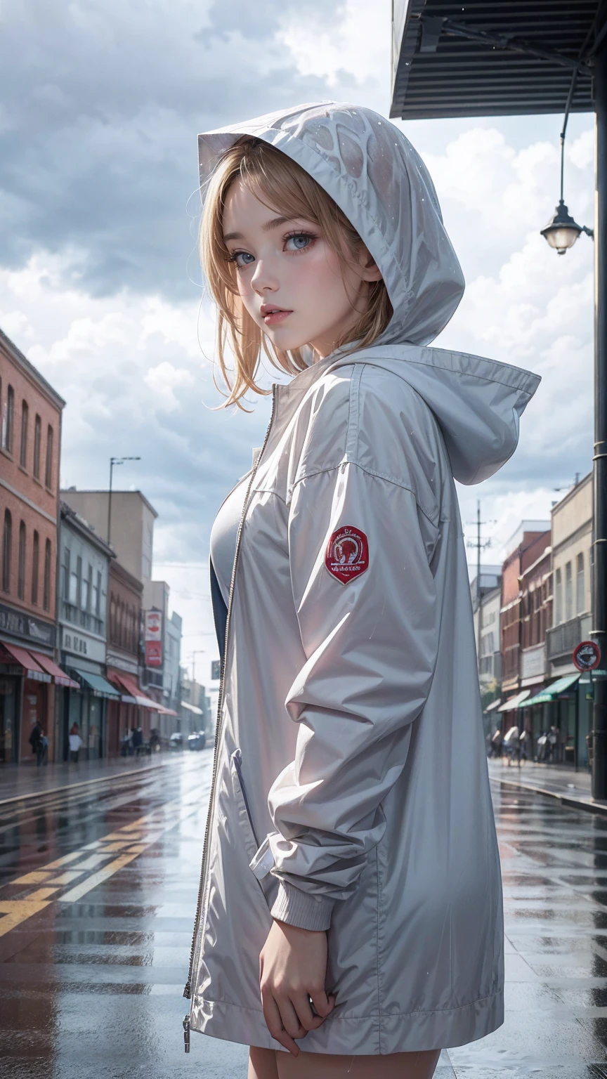 ((最high quality, 8K, masterpiece: 1.3, Ultra HD, high quality, 最high quality, High resolution, realism)) 、(high color saturation:1.0), (highly detailed skin), (最high quality:1.0), (超High resolution:1.0) ,(realistic:1.0), (Super detailed:1.0), (8K, Raw photo:1.1), slender、Slender, muscular body that's toned like an athlete's、white woman、blue eyes、blonde、Wear a raincoat、put on a hood、City with poor visibility due to rain、I'm in the middle of the road、Sunlight shines through gaps in the thick rain clouds、there's a rainbow in the sky、Low angle view