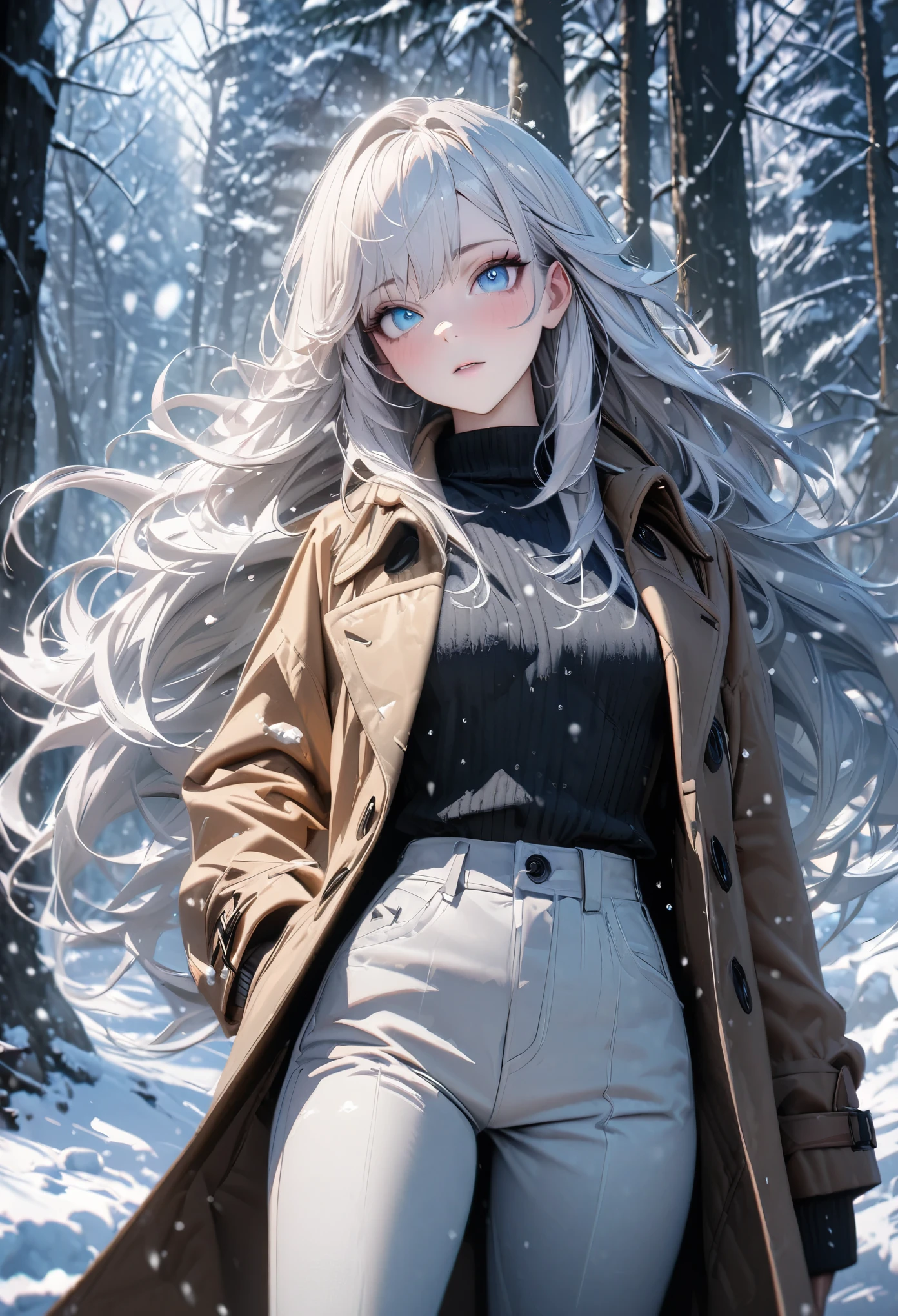 (absurdres, highres, ultra detailed), masterpiece, 8K, perfect resolution, great detail, super detailed, detailed face, 1girl, trench coat, long pants, winter clothes, young adult, long white hair, dense hair, blue icy eyes, winter forest, snowing, angular face, small breasts, semi-realistic drawn style