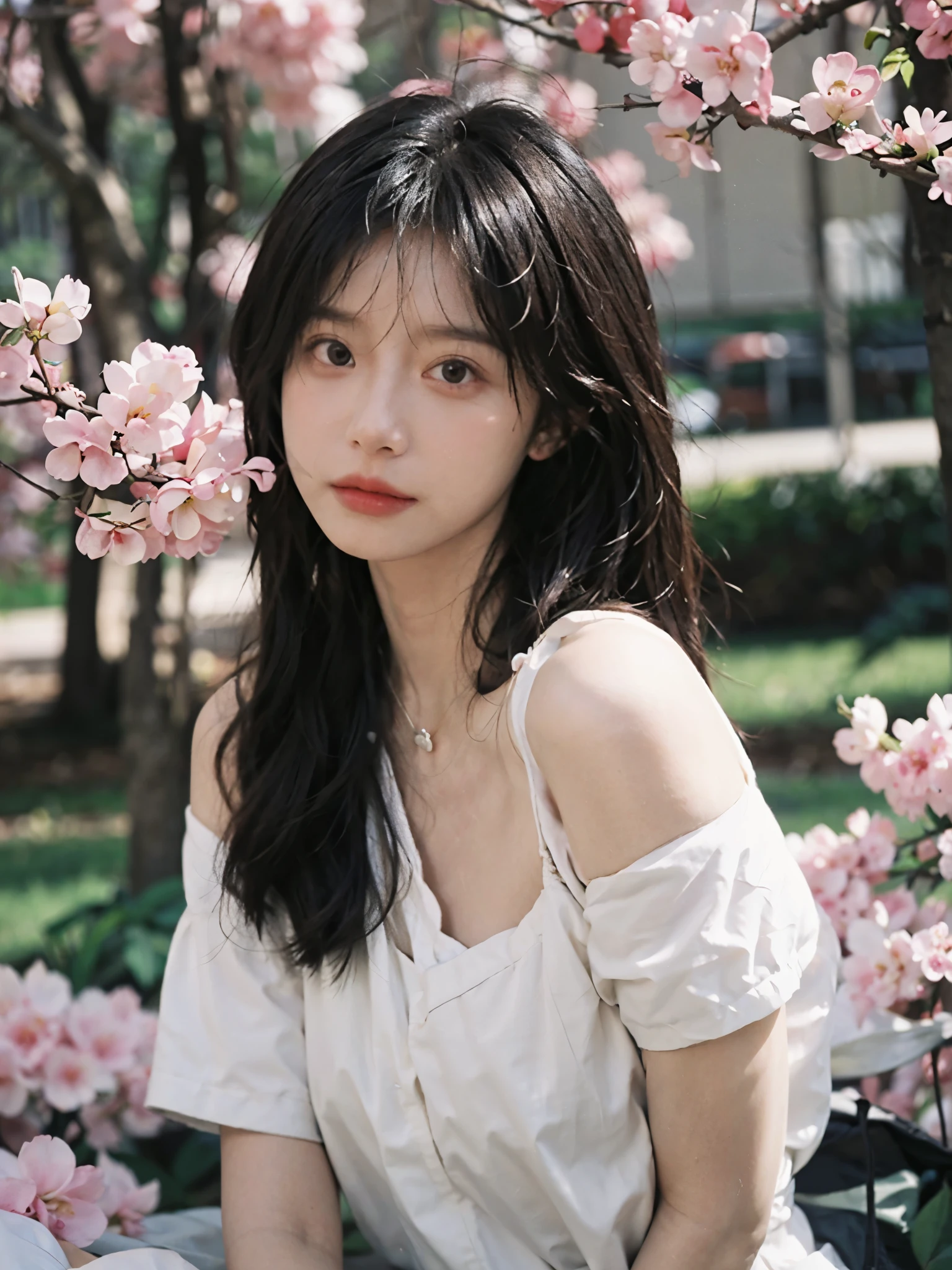 best quality, ultra high resolution, (realistically:1.4), Cute tiara,Baoyu Girl, A pair of clear and charming peach blossom eyes,Royal sister,The sun shines on the face,Double tail,(in the cherry blossom tree:1.4),(necklace:1.2),(White skin:1.4),(Full body female love:1.2)a sense of atmosphere,a beautiful girl,Looking directly at the viewer, Close-up cleavage ,(lifelike:1.4),2 girls,Sexy,(Upper body:1.4),(wet),(:1.2)