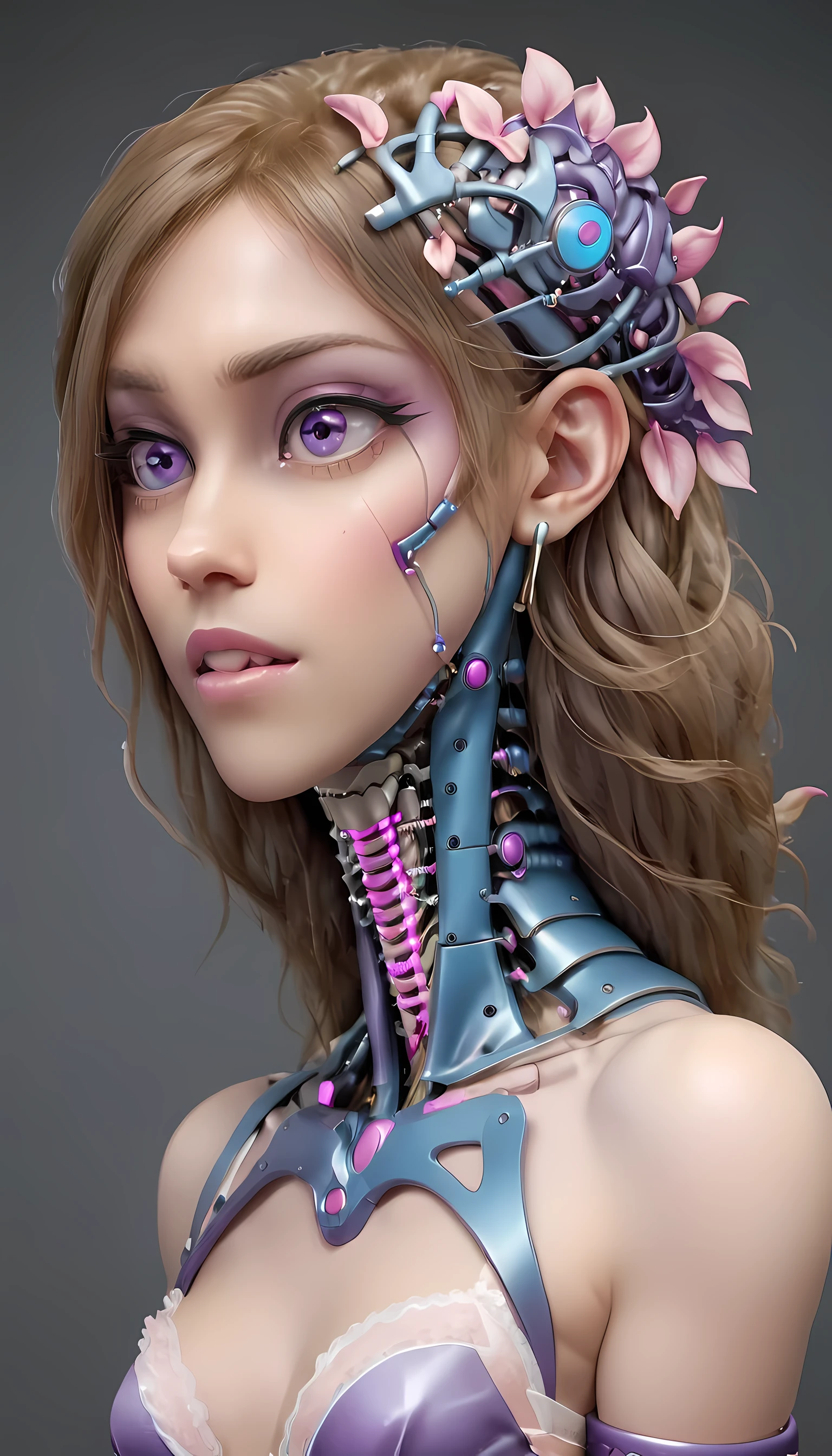 jessicagraham, (Complex Professional 3D rendering:1.3) of (Ultra detailed:1.3) side profile, xray diagram deconstruction of a cyborg brain to machine interface, extended neck, glowing lights, Highly detailed, Depth, Many parts, Lumen render, 8k x-ray style translucent bald head, clear skin, synthetic bone, purple pink and blue Xray style on a grey background covered in geometric patterns,CGSociety,ArtStation