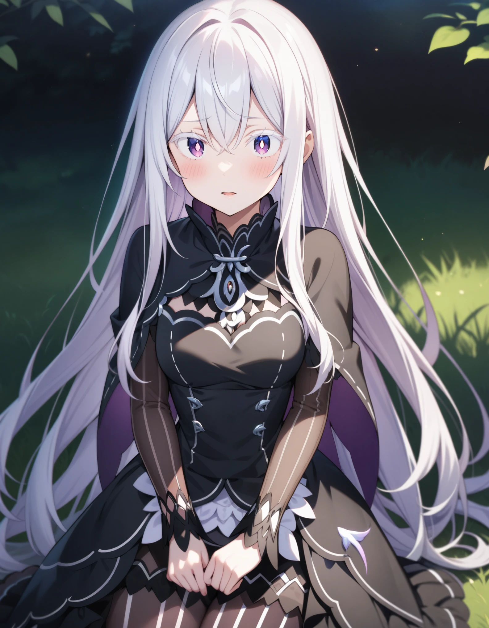 (masterpiece, best quality, very aesthetic, ultra detailed), intricate details, 1girl, echidna \(re:zero\), re:zero kara hajimeru isekai seikatsu, white hair, colored eyelashes, white eyelashes, bright pupils, violet eyes, long hair, sidelocks, black capelet, black dress, layered dress, blush, outdoor, grass background