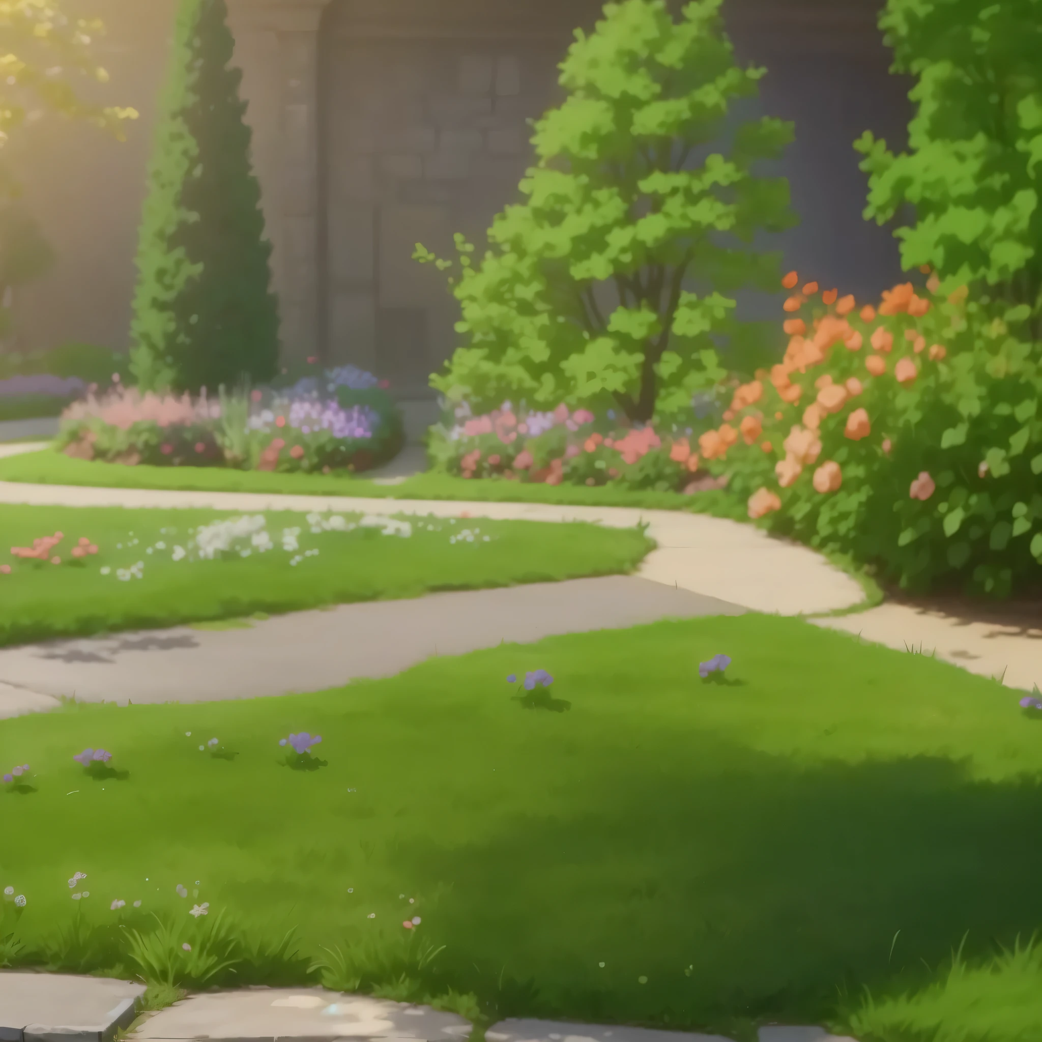 Anime scene of a woman walking along a garden path, garden background, anime background art, royal garden background, Garden and flowers background, realistic garden, Random background scene, park background, beautiful anime scene, Realistic establishing shot, floral environment, beautiful anime scenery, sunny park background, Colorful anime movie background, background art, background artwork, Anime Landscape Concept Art