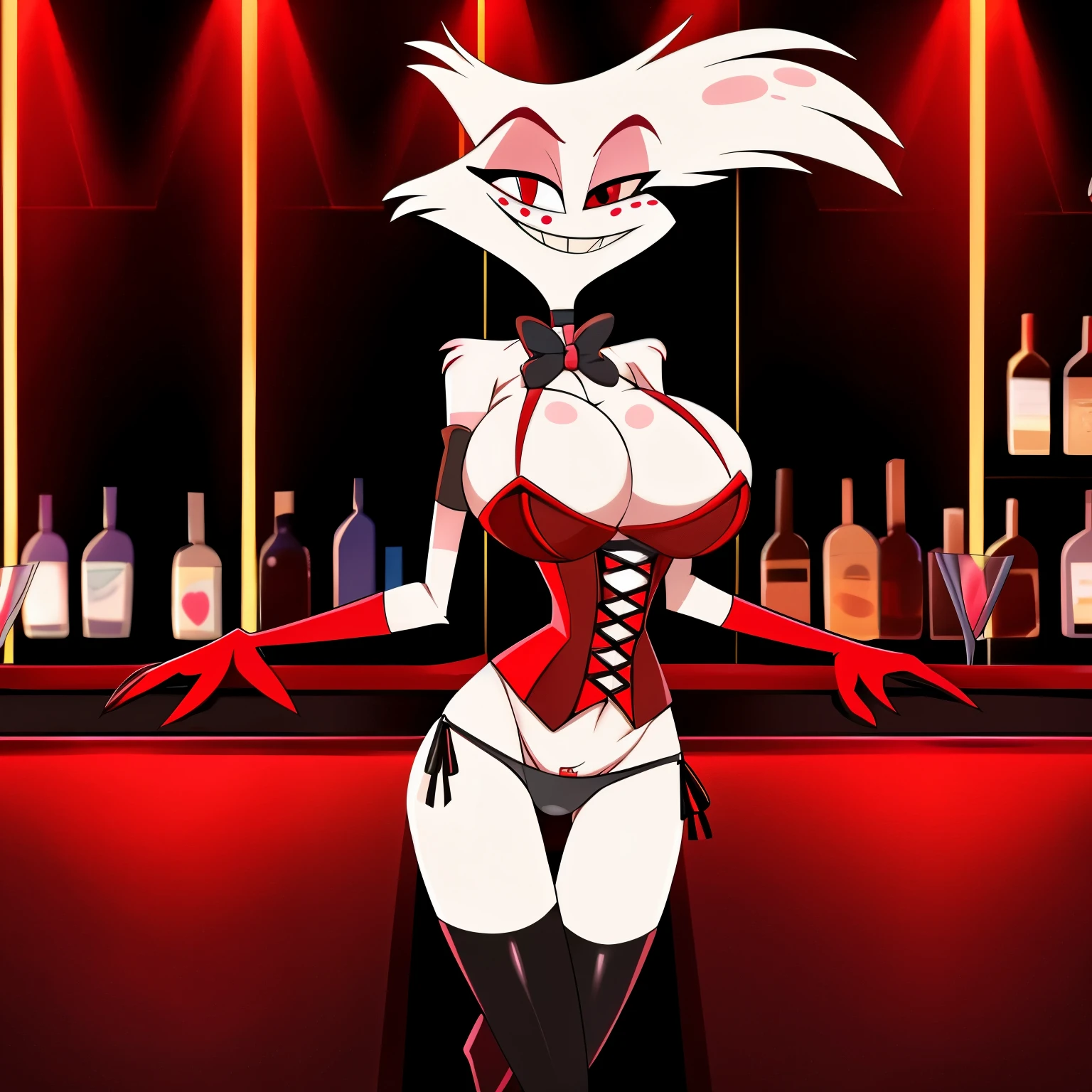 Angel Dust Hazbin Hotel,  big cock, corset, panties, gloves, thighhigh boots, bowtie, huge breasts, huge hips, highly detailed, hi res, high resolution, at bar, red theme, looking at viewer, smile, thick, ((half length portrait))