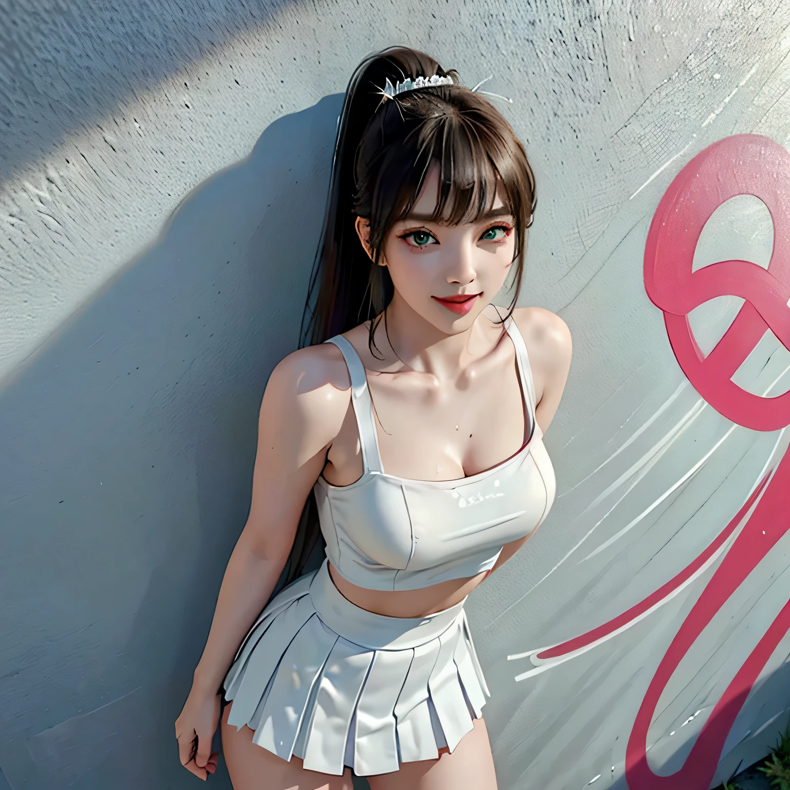 masterpiece, premium quality, Highly detailed CG Unity 8K wallpaper, Super realistic 8kCG, perfect artwork, hourglass body shape, dramatic shadow, (Spotlight, perfect lighting, detailed light, (((1 girl ))), ((sharp face)), ((lead head hair, ponytail hair)), (((sexy pose))), model body shape, I can see your belly button, big and full breasts, ((cute face) ), (smile gently: 1.2), (asymmetrical bangs, beautiful eyelashes, green eyes), beautiful face, (beautiful chest line: 1.2), (cleavage), beautiful girl, Exquisite facial features that represent a perfect face, cold, naturally beautiful, Sweat, light and beautiful texpensive expression., expensive school girl, expensive , sailor suit, pleated skirt, loose socks, In front of a wall full of graffiti, night, (((leaning against the wall, she is standing))), award winning photos, detailed, realistic light and shadow, 8K resolution, professional lighting, (shiny skin:0.9), perfect hands,