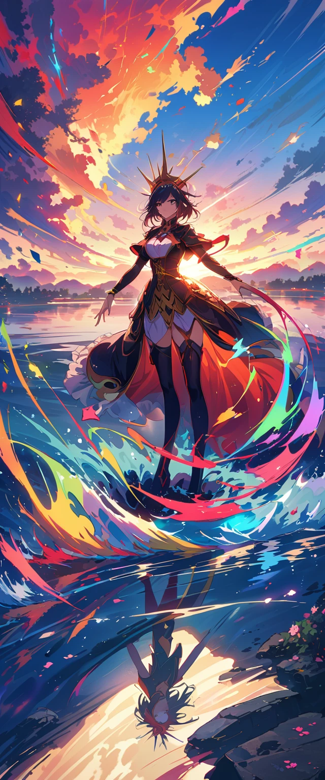 arte oficial, papel de parede 8k unificado, super detalhado,  obra de arte, Melhor qualidade de imagem，super grande angular，Noite，Uma mulher com um homem，Parado na lagoa，water is like a mirror，Reflecting the sky。look up to the sky，Colorful sunset，dynamic angle, Grace, cores brilhantes,