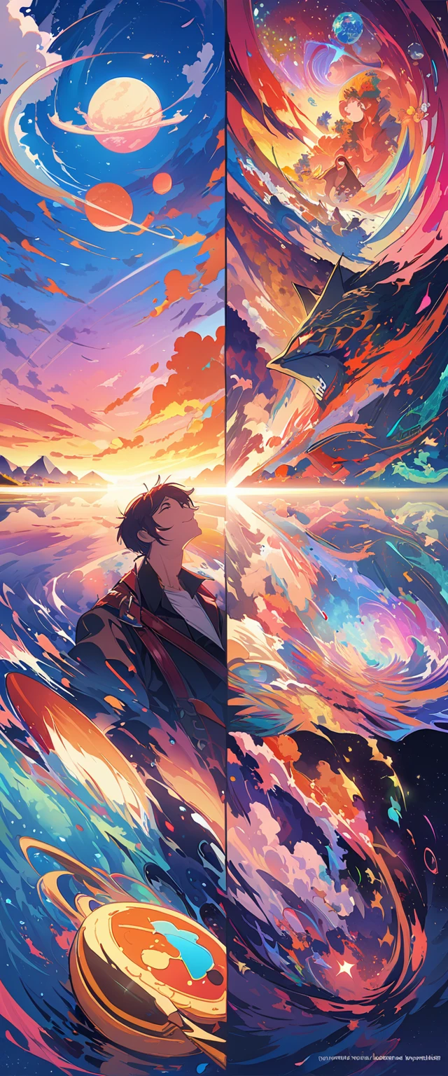 arte oficial, papel de parede 8k unificado, super detalhado, obra de arte, Melhor qualidade de imagem,super grande angular,Noite,Uma mulher com um homem,Parado na lagoa,water is like a mirror,Reflecting the sky。look up to the sky,Colorful sunset,dynamic angle, Grace, cores brilhantes,