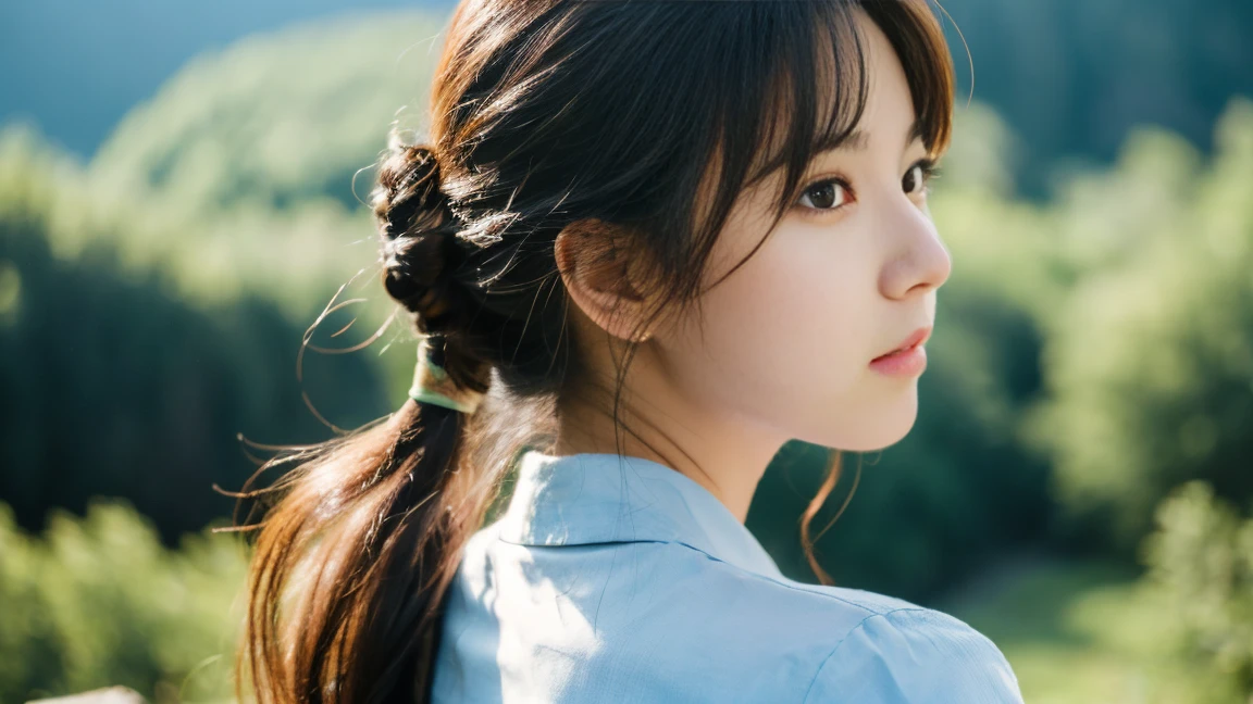High resolution, masterpiece, high quality, High resolution, focus on one young woman'face, portrait, Overlooking Large forest from Back, mountain landscape, forest, nature, river beauty of japan cute