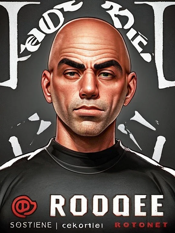 Joe Rogan bald with logo behind called the Joe Rogan podcast