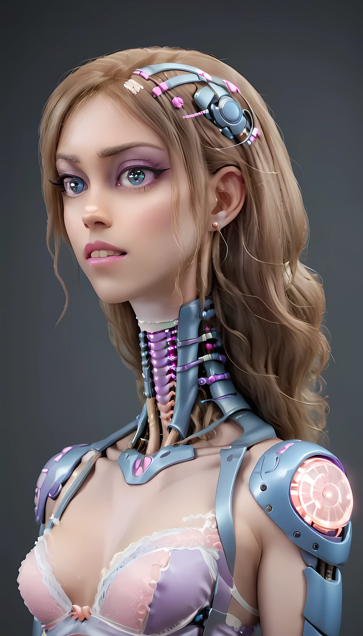 jessicagraham, (Complex Professional 3D rendering:1.3) of (Ultra detailed:1.3) side profile, xray diagram deconstruction of a cyborg brain to machine interface, extended neck, glowing lights, Highly detailed, Depth, Many parts, Lumen render, 8k x-ray style translucent bald head, clear skin, synthetic bone, purple pink and blue Xray style on a grey background covered in geometric patterns,CGSociety,ArtStation