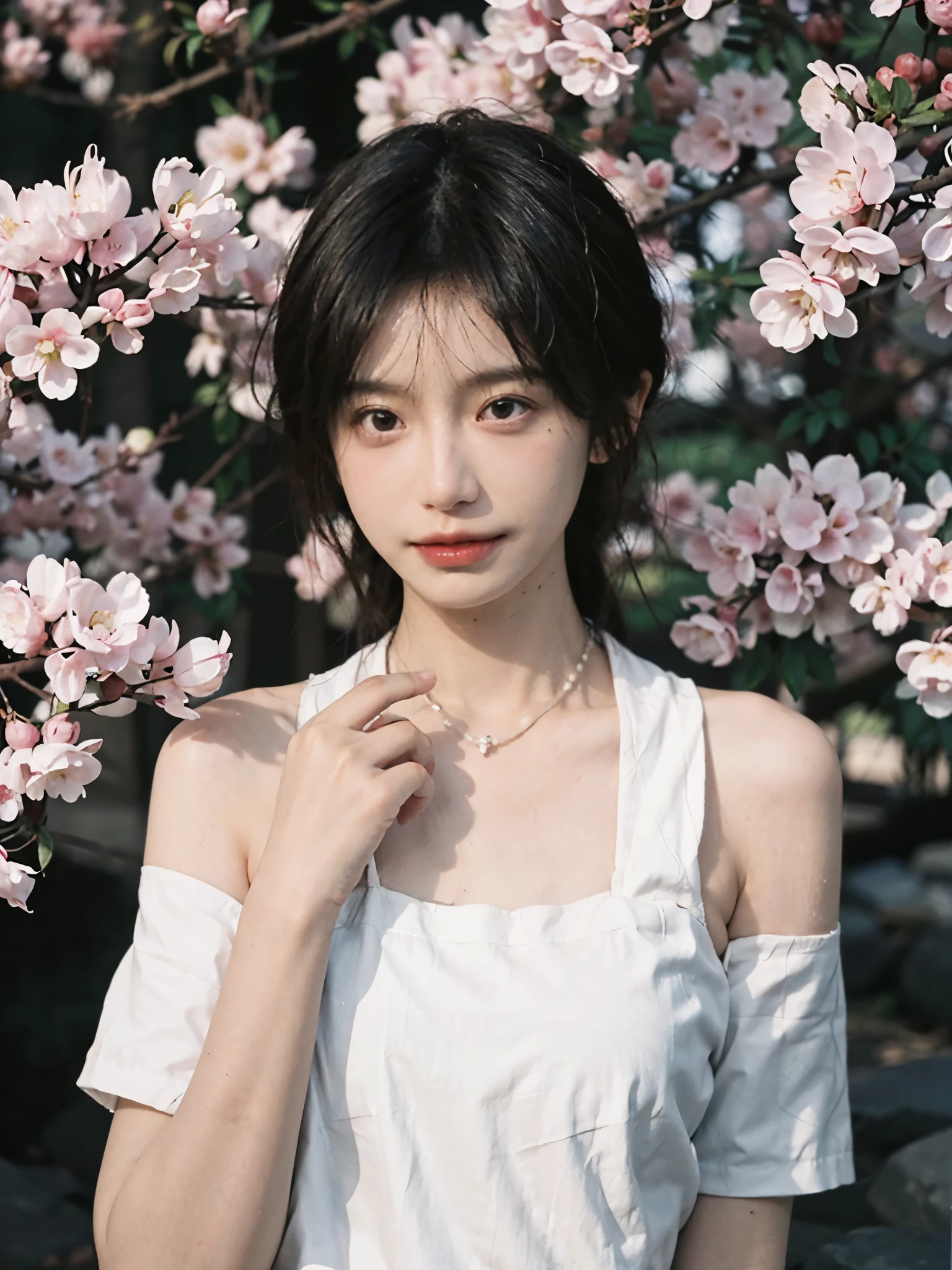 Film portrait photography, 2 girls, 2 Bare Shoulders,lipstick,(flat chest:1.4), Double tail, wear necklace,scarf,Look directly,earrings,short sleeves,serene, calm, (Realistic and detailed eyes, natural skin texture, Realistic facial details), Soft dramatic lighting, depth of field, Bokeh,cherry blossom grove, Vibrant details, Detailed and detailed, surreal, 35mm film, hazy, whole body,