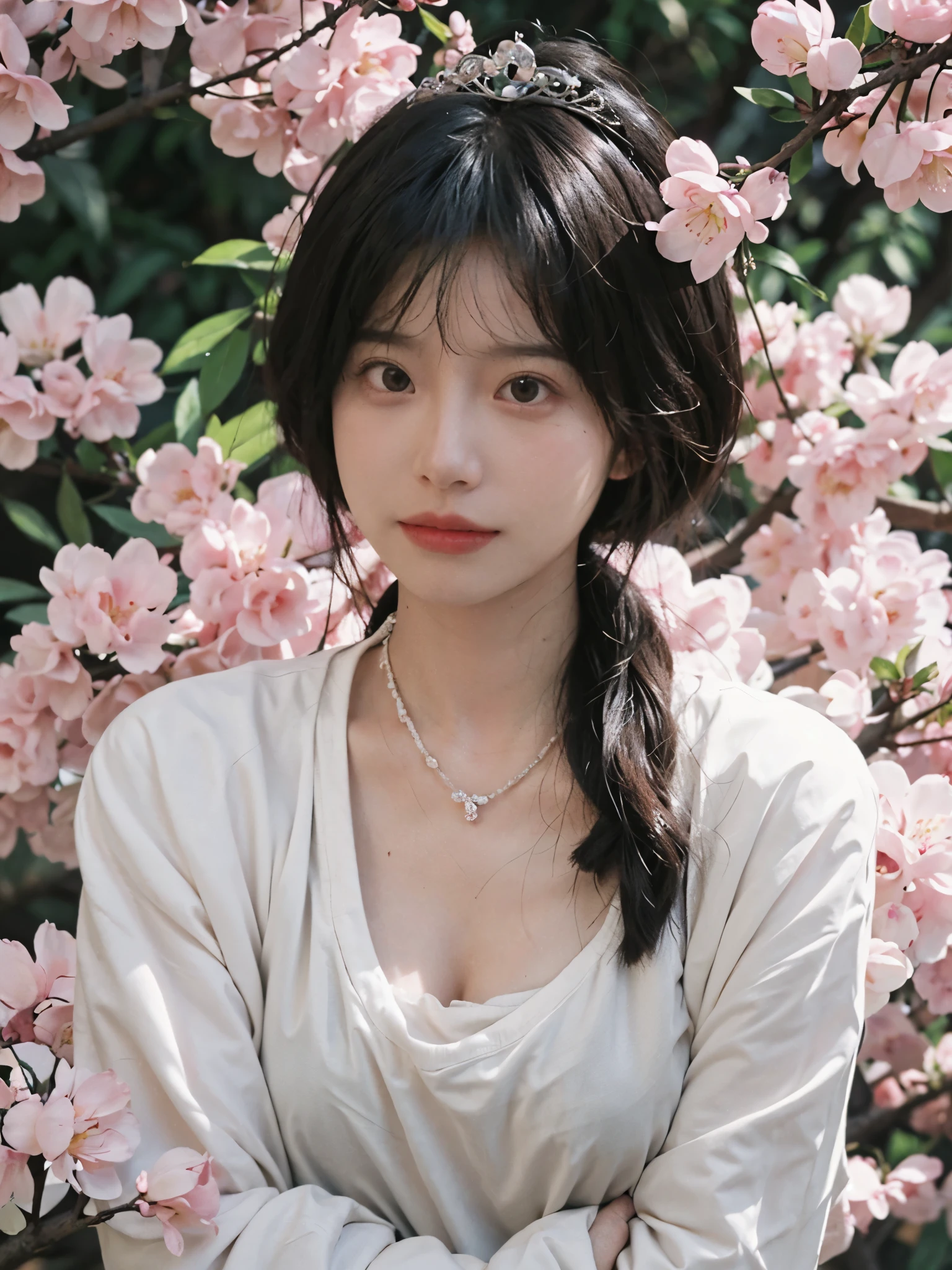 best quality, ultra high resolution, (realistically:1.4), Cute tiara,Baoyu Girl, A pair of clear and charming peach blossom eyes,Royal sister,The sun shines on the face,Double tail,(in the cherry blossom tree:1.4),(necklace:1.2),(White skin:1.4),(Full body female love:1.2)a sense of atmosphere,a beautiful girl,Looking directly at the viewer, Close-up cleavage ,(lifelike:1.4),2 girls,Sexy,(Upper body:1.4),(wet),(:1.2)