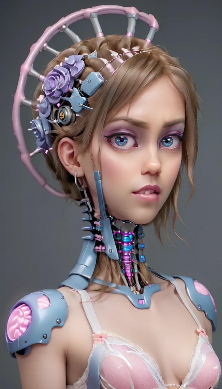 jessicagraham, (Complex Professional 3D rendering:1.3) of (Ultra detailed:1.3) side profile, xray diagram deconstruction of a cyborg brain to machine interface, extended neck, glowing lights, Highly detailed, Depth, Many parts, Lumen render, 8k x-ray style translucent bald head, clear skin, synthetic bone, purple pink and blue Xray style on a grey background covered in geometric patterns,CGSociety,ArtStation