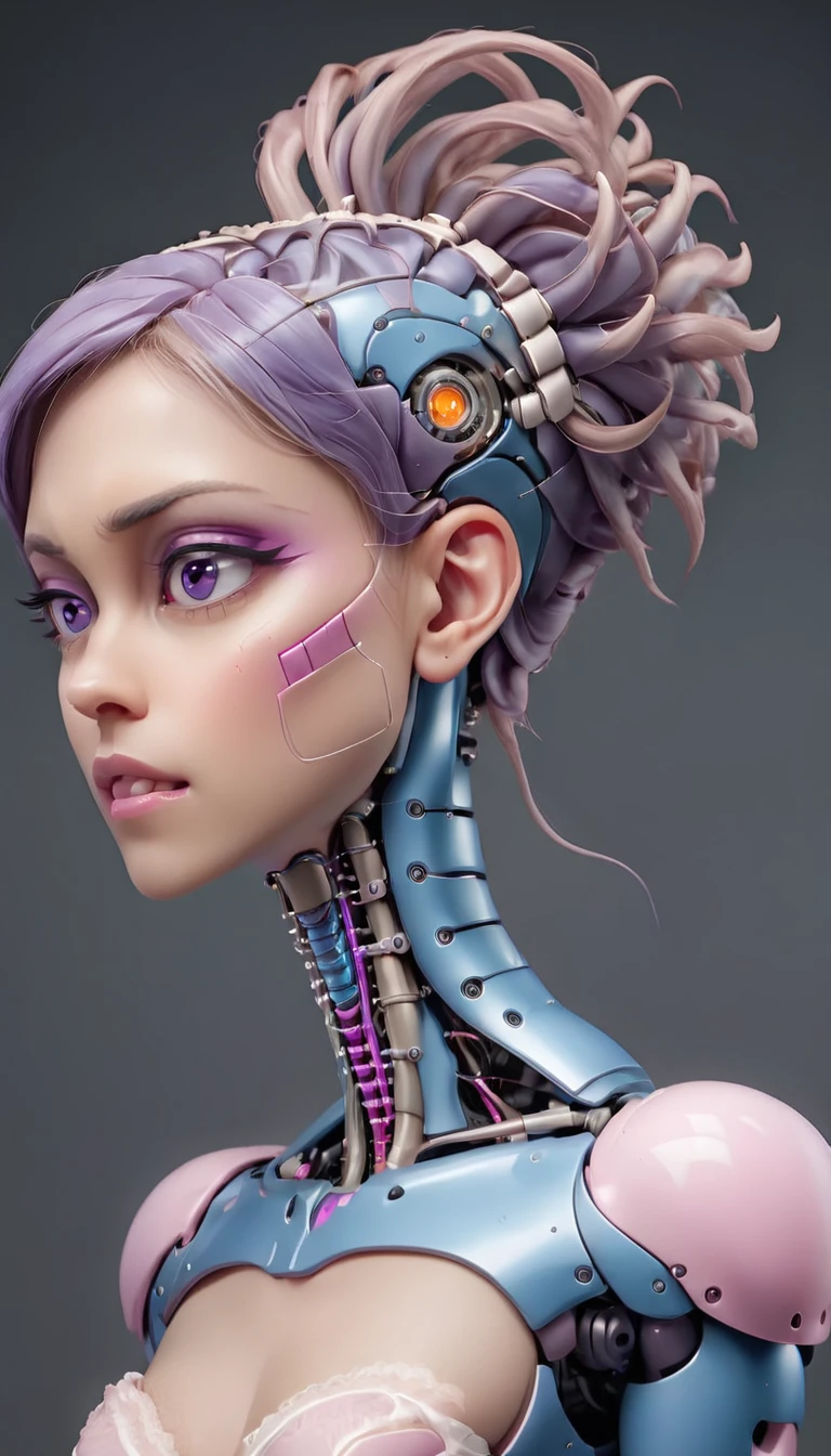 jessicagraham, (Complex Professional 3D rendering:1.3) of (Ultra detailed:1.3) side profile, xray diagram deconstruction of a cyborg brain to machine interface, extended neck, glowing lights, Highly detailed, Depth, Many parts, Lumen render, 8k x-ray style translucent bald head, clear skin, synthetic bone, purple pink and blue Xray style on a grey background covered in geometric patterns,CGSociety,ArtStation