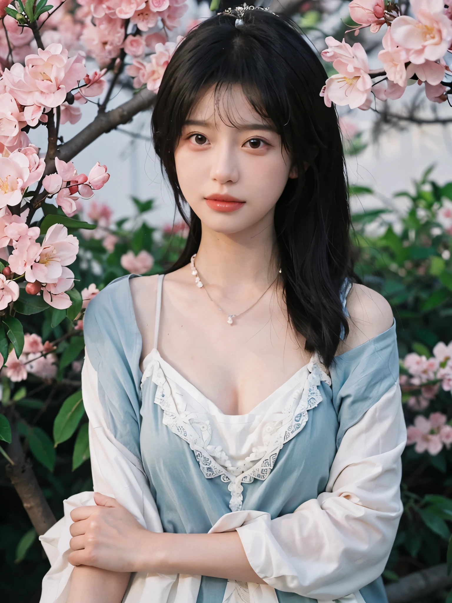 best quality, ultra high resolution, (realistically:1.4), Cute tiara,Baoyu Girl, A pair of clear and charming peach blossom eyes,Royal sister,The sun shines on the face,Double tail,(in the cherry blossom tree:1.4),(necklace:1.2),(White skin:1.4),(Full body female love:1.2)a sense of atmosphere,a beautiful girl,Looking directly at the viewer, Close-up cleavage ,(lifelike:1.4),2 girls,Sexy,(Upper body:1.4),(wet),(:1.2)