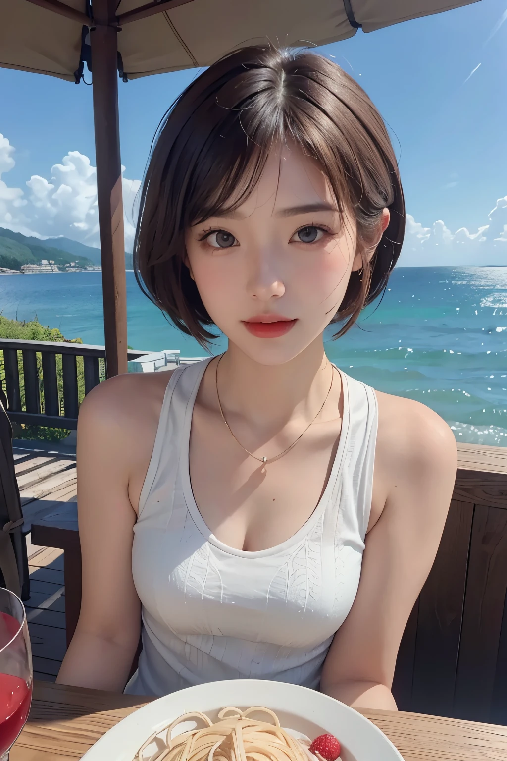 top-quality、masterpiece、超A high resolution、(realisitic:1.4)、(True skin texture:1.3)、(film grains:1.3)、the panorama、portlate、Very wide lens、a closeup、Tindall Effect、Perfect beautiful adult woman、Beautiful detail eyes and skin、ssmile、Berry Short Hair、Small necklace、sleeveless shirts、Strong sunshine、Summer sea and sky、Spaghetti on the table、