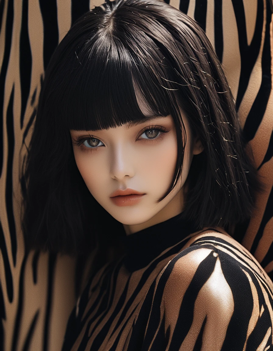 (masterpiece,最high quality, surreal,32k,Raw photo,detail skin, 8k uh, Digital single-lens reflex camera,high quality, film grain:1.5), short hair , black hair:1.1,portrait,lady, brown eyes, dark black bonnet, freckles, (zebra print gradient background,LED light, edge light, simple background)