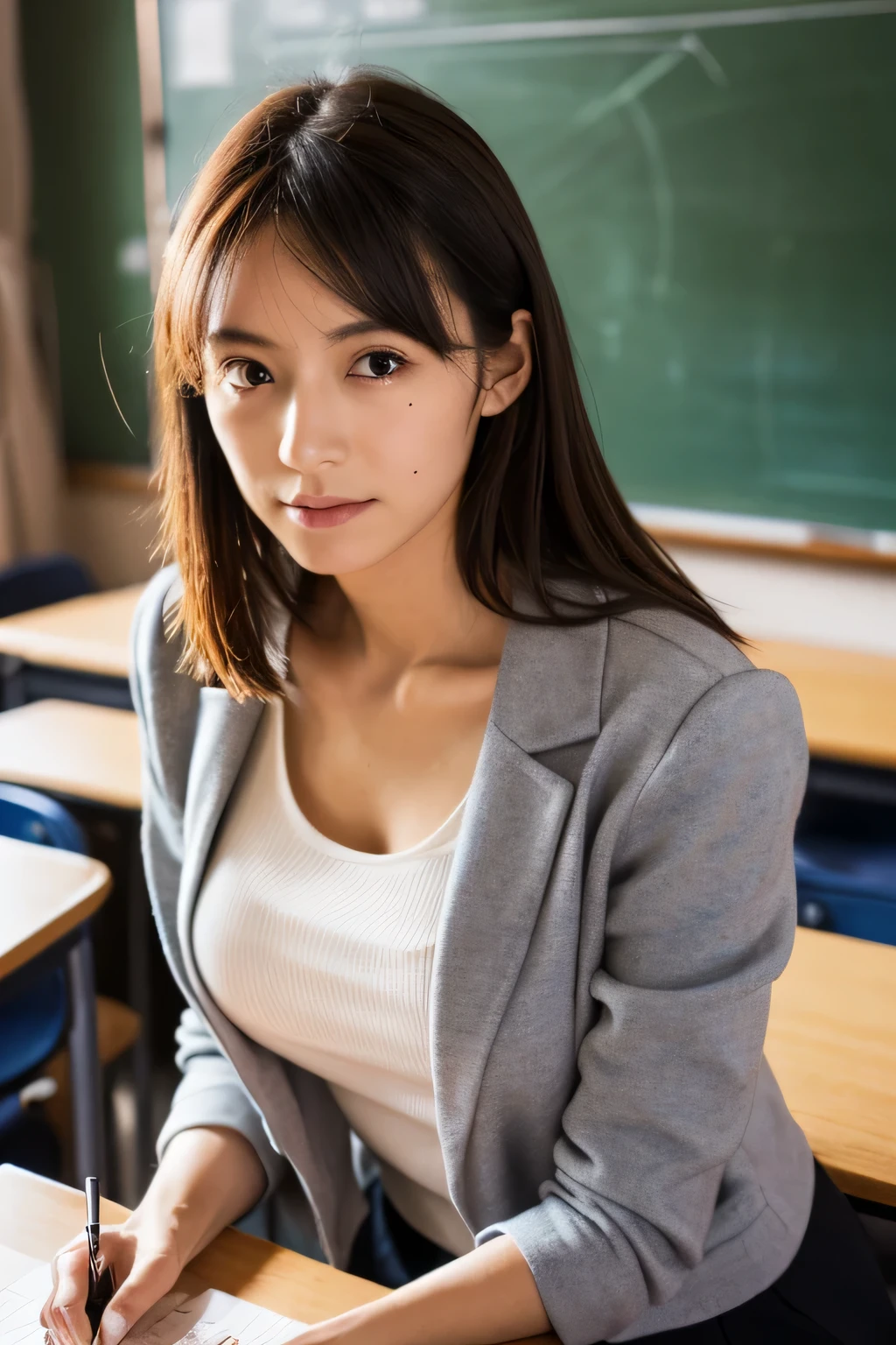 High resolution, High level image quality, high detail, masterpiece, rough skin, anatomically correct, sharp, classroom background, ((japanese mature, 20-year-old)), alone, ((facial wrinkles)), good shape big breasts, Straight light brown hair that reaches to the shoulders, (((write on the blackboard,))), Staring straight ahead with an open mouth and a tired face, gray blazer, white blouse, white skirt,