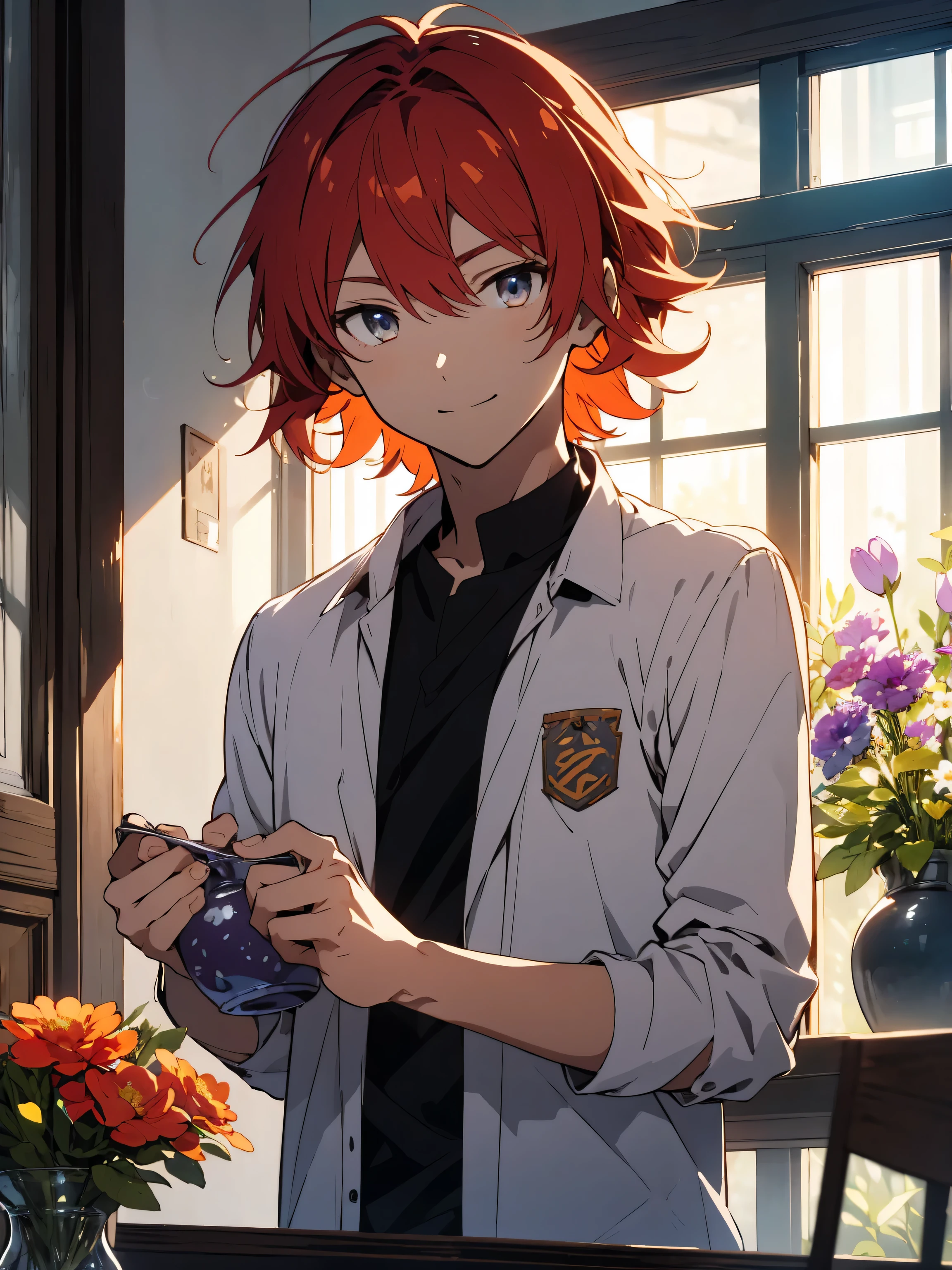 (highest quality、masterpiece、High resolution、be familiar with), 1 young man, (Shining eyes、detailed beautiful face)、(Handsome guy:1.2)、(bright red orange hair、messy hair 1.3)、Outstanding style、(Spring casual、refreshing clothes)、indoor、Vase by the window、Gaze tenderly at the flowers in the vase、smile、Handsome guyと花のテーマ、beautiful anime