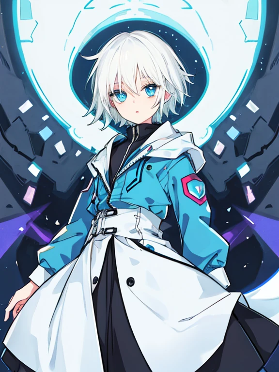 top quality, androgynous girl, ghost world, white hair, short hair, light blue eyes, cyberpunk, ghost