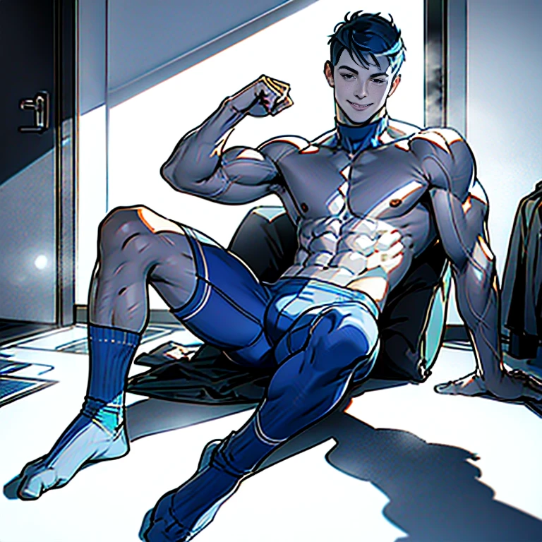 (1 male, short hair flat head), solo, delicate muscle lines, solo, blue football socks, chest bulge, naked, facing the lens, light particles, light and shadow, dressing room, liquid on face, realistic hands, (blue briefs), full body portrait, perfect quality, masterpiece, foot sock focus, looking up, feet up, (sitting), smiling expression