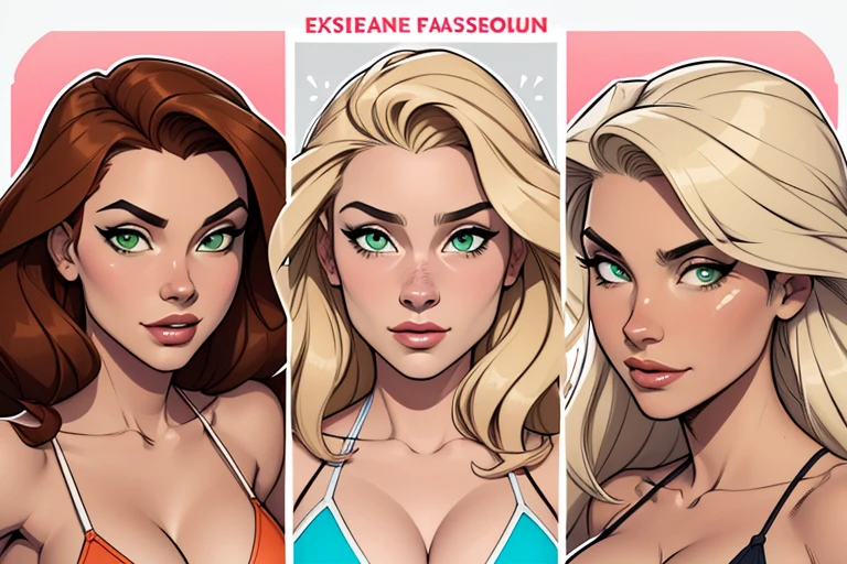 Turnaround sheet Imagem de desenho animado de uma mulher .cartoon style illustration, estilo de arte dos desenhos animados, estilo de arte dos desenhos animados, digital illustration style, design de personagens altamente detalhado, arte digital detalhada fofa, City fan art, Design de personagens de retrato, beautiful digital illustration, retrato de alta qualidade, Arte em quadrinhos, mulher jovem. Green eyes Average and wonderful bust three too many spies Cloe is brunette Sam is a redhead and Alex is a beach-toned blonde Mark in a bikini
