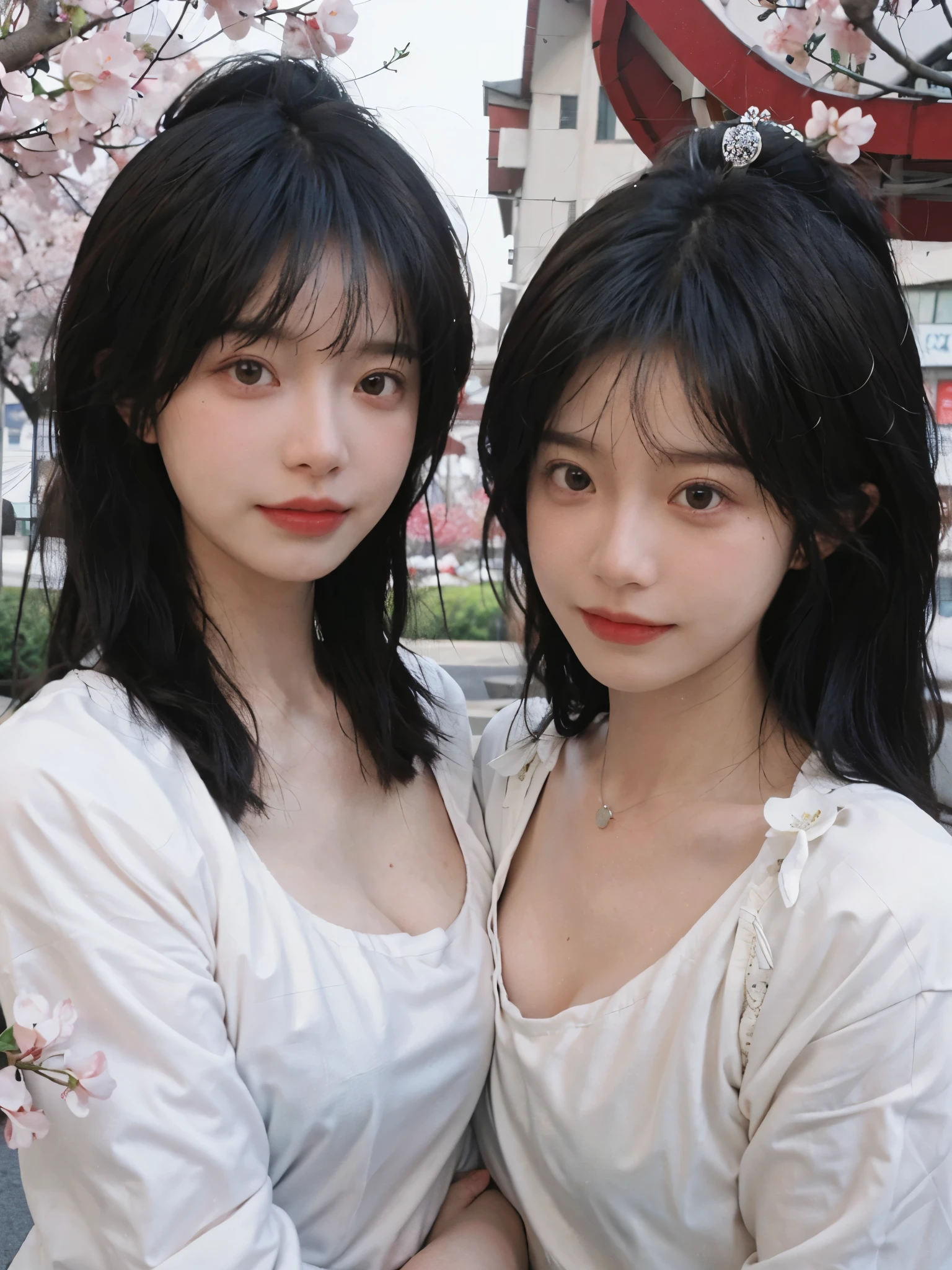 best quality, ultra high resolution, (realistically:1.4), Cute tiara,Baoyu Girl, A pair of clear and charming peach blossom eyes,Royal sister,The sun shines on the face,Double tail,(in the cherry blossom tree:1.4),(necklace:1.2),(White skin:1.4),(Full body female love:1.2)a sense of atmosphere,a beautiful girl,Looking directly at the viewer, Close-up cleavage ,(lifelike:1.4),2 girls,Sexy,(Upper body:1.4),(wet),(:1.2)