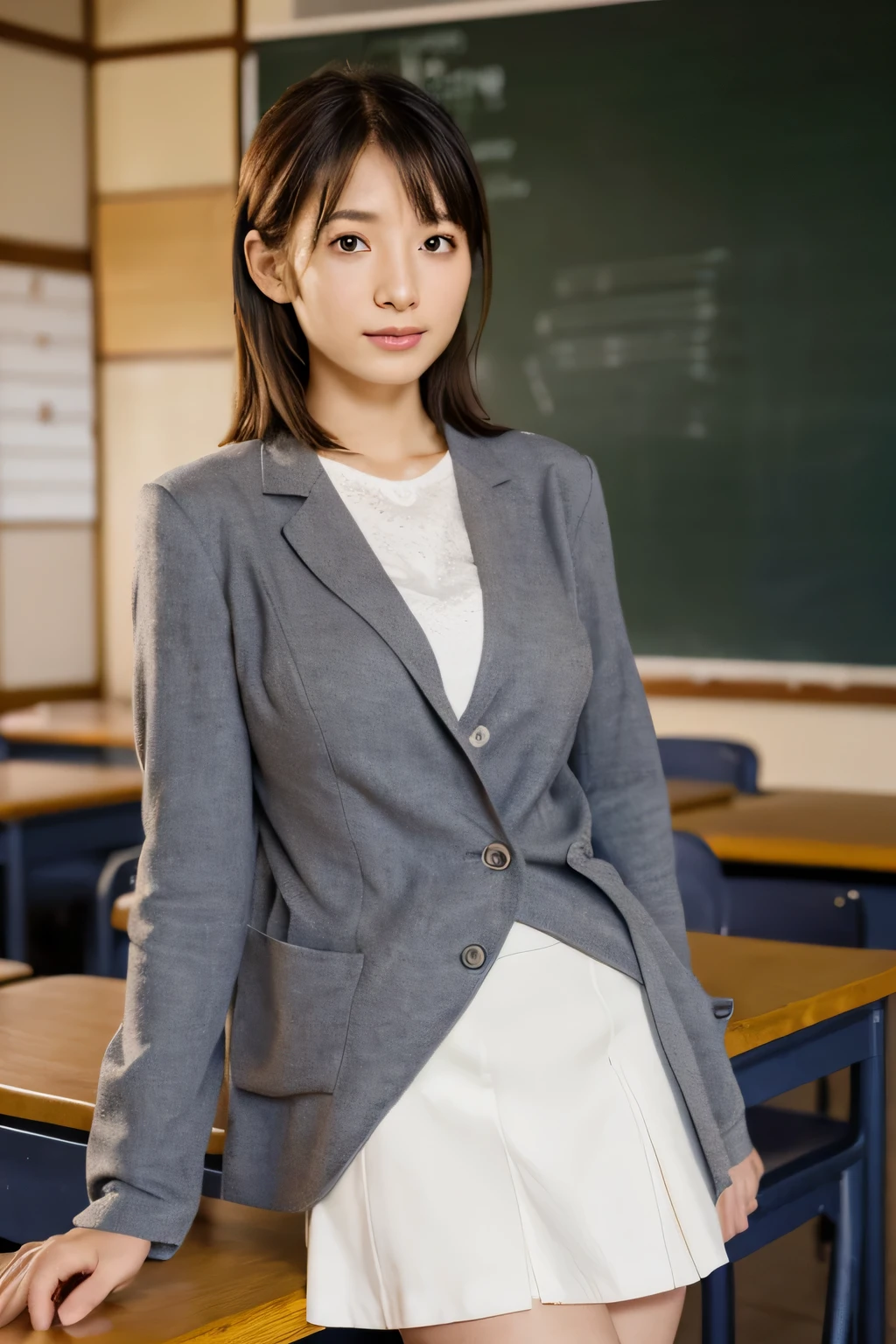 High resolution, High level image quality, high detail, masterpiece, rough skin, anatomically correct, sharp,
classroom background,
((japanese mature, 20-year-old)), alone, ((facial wrinkles)), good shape big breasts, Straight light brown hair that reaches to the shoulders,
(((write on the blackboard,))), Staring straight ahead with an open mouth and a tired face,
gray blazer, white blouse, white skirt,