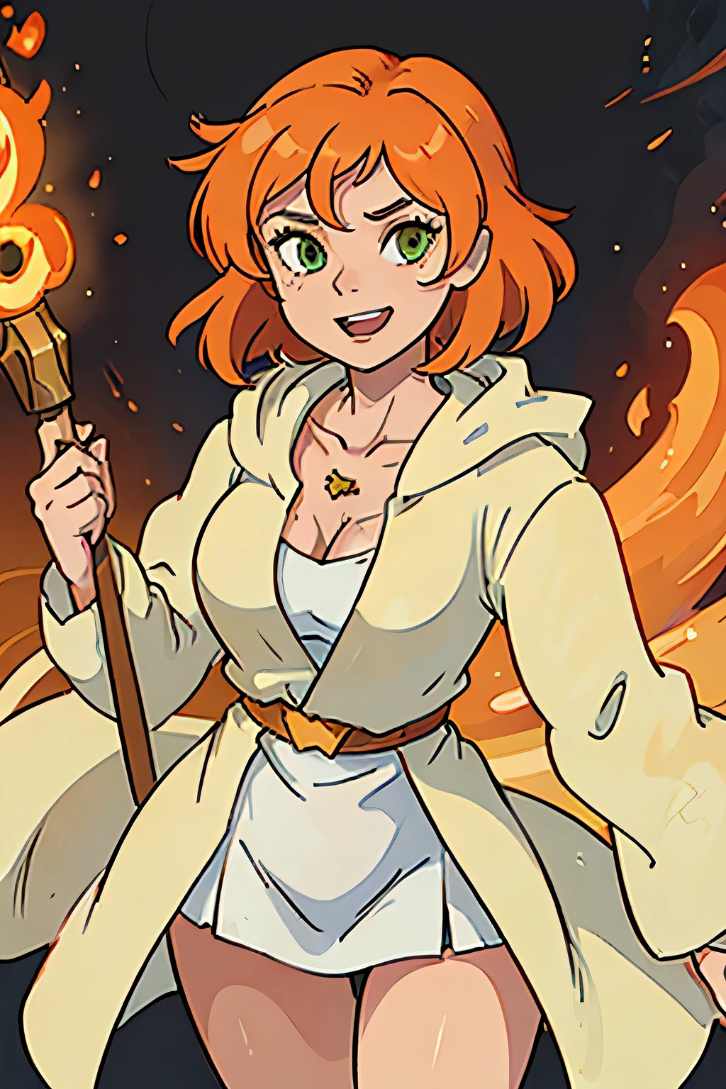 (((masterpiece))), (((best quality))), illustration, single character, game character, rpg character, female character, female acolyte. tall torso. athletic girl. Cute. white long sleeved robe with small golden details and lines, open hooded robe. gold bracer. huge open cleavage, big gem necklace. tiny breasts. small titties. wide hips. perky butt. up turned hips. wavy short hair. flowing orange hair, yellow-green eyes, sexy face expression. laughing smile. orange hair. cosmic background, flat color background, anime character, 8k, awesome quality