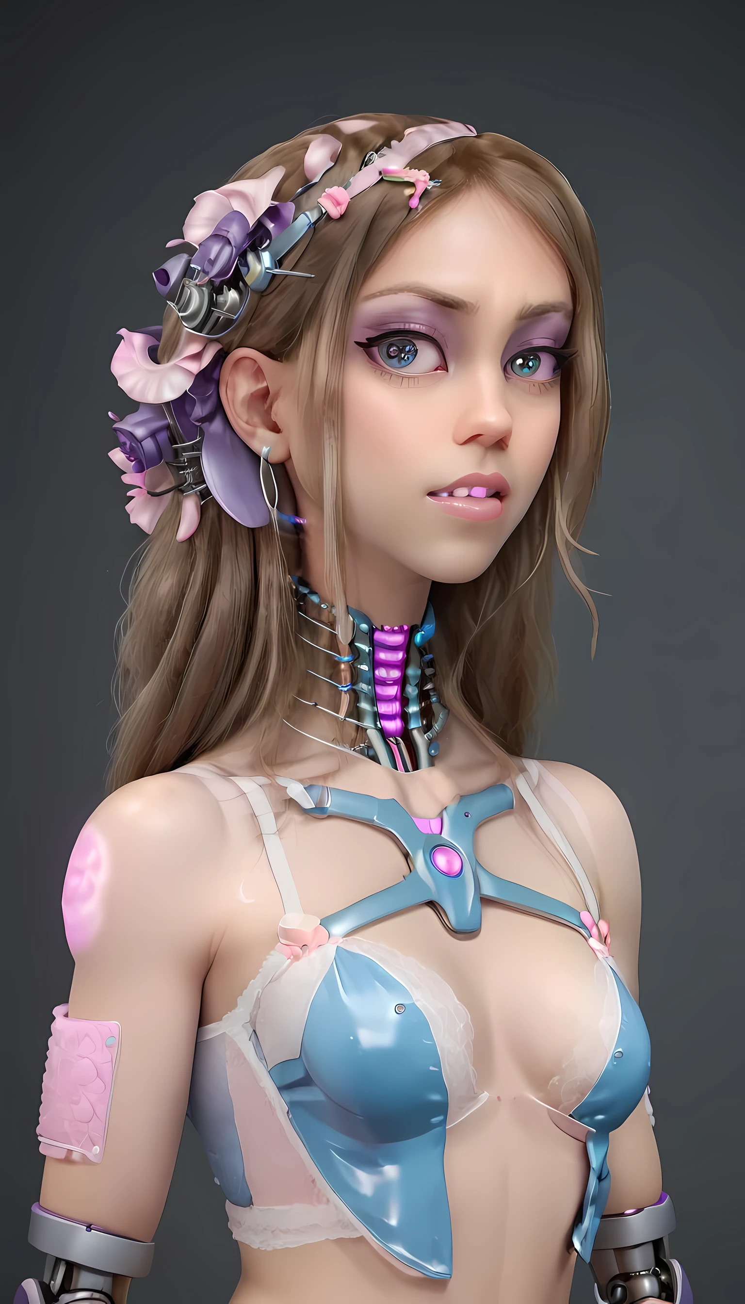jessicagraham, (Complex Professional 3D rendering:1.3) of (Ultra detailed:1.3) side profile, xray diagram deconstruction of a cyborg brain to machine interface, extended neck, glowing lights, Highly detailed, Depth, Many parts, Lumen render, 8k x-ray style translucent bald head, clear skin, synthetic bone, purple pink and blue Xray style on a grey background covered in geometric patterns,CGSociety,ArtStation
