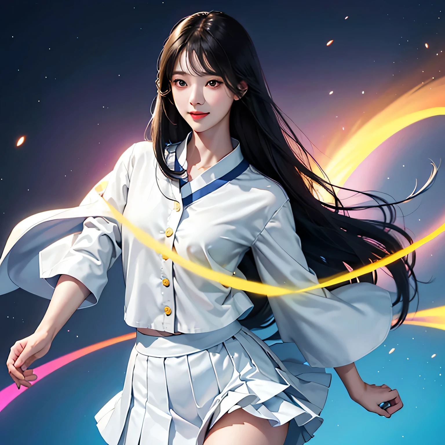 beautiful japanese woman, nice perfect face with soft skin, small face with nose and rosy lips, beautiful eyes, Beautiful smile. black, Beautiful, long, thin hair with a bright, ethereal glow. Gradient highlight greige layered loose medium hairstyle, Navy band collar shirt x houndstooth yellow flare skirt, Bright neon colorful background, ultra-realistic woman photos, High quality high resolution 8K masterpiece