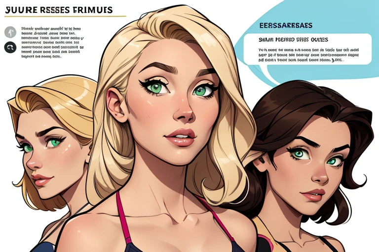 Turnaround sheet Imagem de desenho animado de uma mulher .cartoon style illustration, estilo de arte dos desenhos animados, estilo de arte dos desenhos animados, digital illustration style, design de personagens altamente detalhado, arte digital detalhada fofa, City fan art, Design de personagens de retrato, beautiful digital illustration, retrato de alta qualidade, Arte em quadrinhos, mulher jovem. Green eyes Average and wonderful bust three too many spies Cloe is brunette Sam is a redhead and Alex is a beach-toned blonde Mark in a bikini