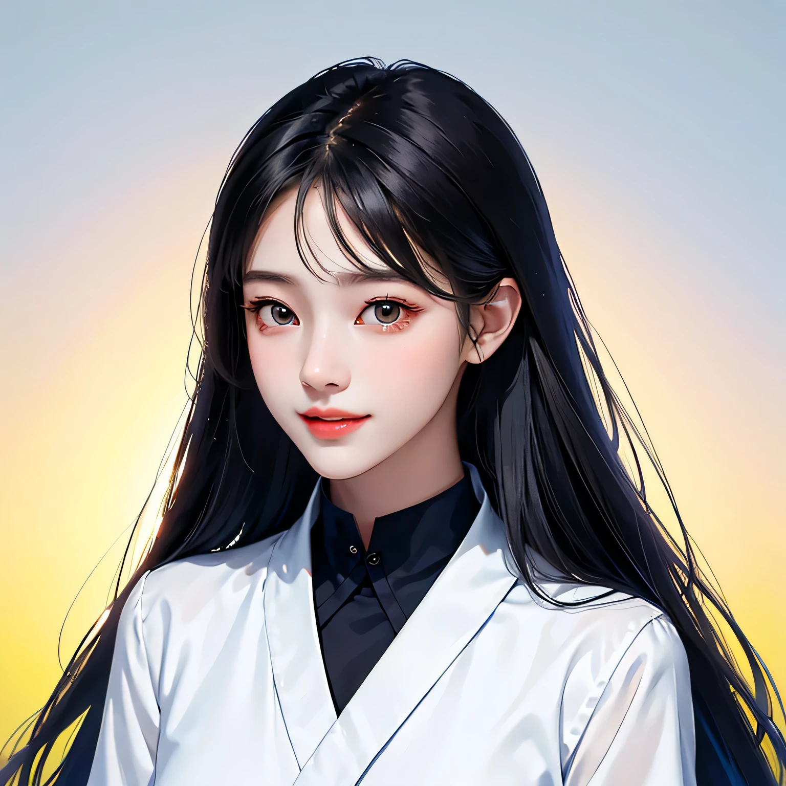beautiful japanese woman, nice perfect face with soft skin, small face with nose and rosy lips, beautiful eyes, Beautiful smile. black, Beautiful, long, thin hair with a bright, ethereal glow. Gradient highlight greige layered loose medium hairstyle, Navy band collar shirt x houndstooth yellow flare skirt, Bright neon colorful background, ultra-realistic woman photos, High quality high resolution 8K masterpiece