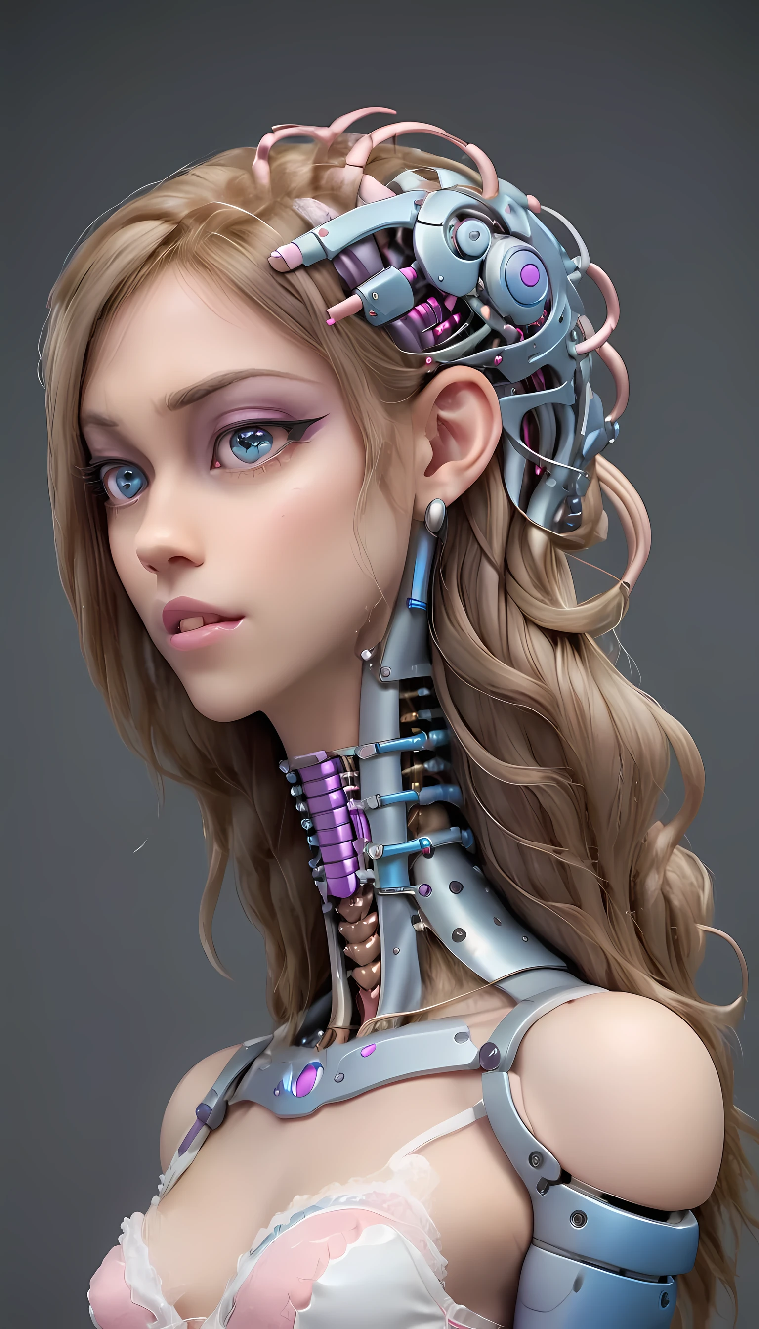 jessicagraham, (Complex Professional 3D rendering:1.3) of (Ultra detailed:1.3) side profile, xray diagram deconstruction of a cyborg brain to machine interface, extended neck, glowing lights, Highly detailed, Depth, Many parts, Lumen render, 8k x-ray style translucent bald head, clear skin, synthetic bone, purple pink and blue Xray style on a grey background covered in geometric patterns,CGSociety,ArtStation