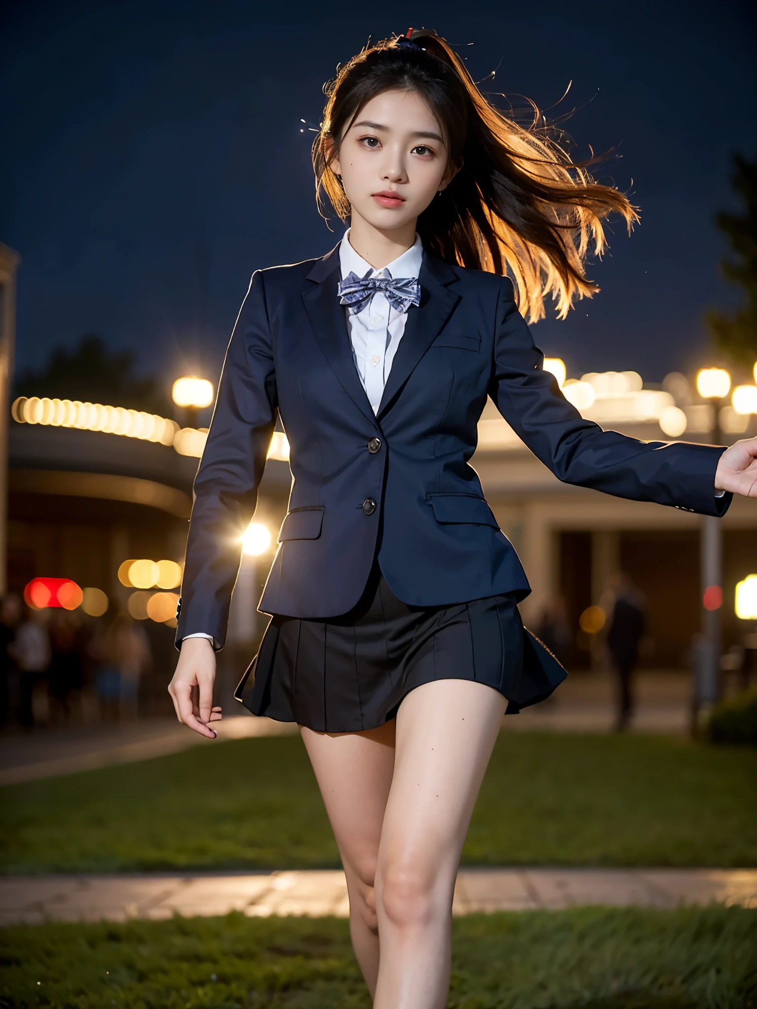 (masterpiece, highest quality:1.4), award-winning portraits, 8K, 85mm, alone, beautiful face, delicate girl, , (dark navy blazer jacket, turn your arms behind your back, close your face:1.2), dark navy skirt, long sleeve, violaces, gardenia, grace, Sophisticated, cute, teen, looking at the viewer, , Raw photo, disorganized, HDR, sharp focus, A bow tie, background bokeh、(((flat 、thin and delicate body、A childish atmosphere)))、shiny semi-long hair、ponytail、Mole on the left cheek、large, round, dark blue eyes、(knee shot)、the skirt is swaying in the wind、((Uplifting、come running to me、hair waving in the wind))、