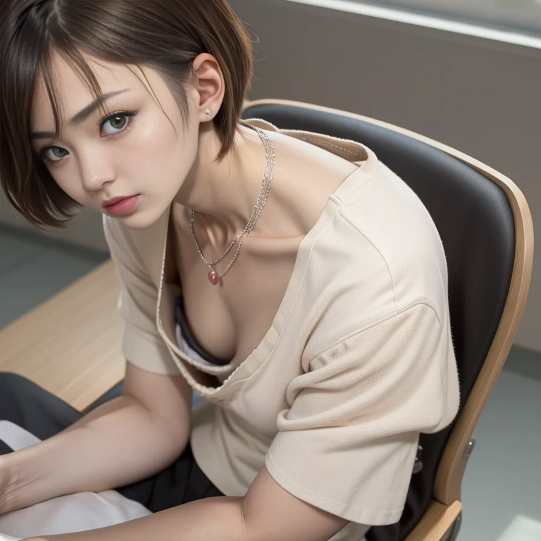 best quality, ultra high res, 8K, RAW photo ,cute girl, japanese, solo, flat chest,downblouse, detailed bra with embellishments,overlap shirt,  (high resolution detail of human skin texture), short hair,necklace ,sitting on a chair, view from above ,in classroom ,look at camera, expressionless 