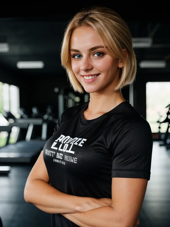 a closeup dark full body shot photo of a blonde with perfect eyes, smile, dark background, standing in gym, gym background, wearing t shirt and short